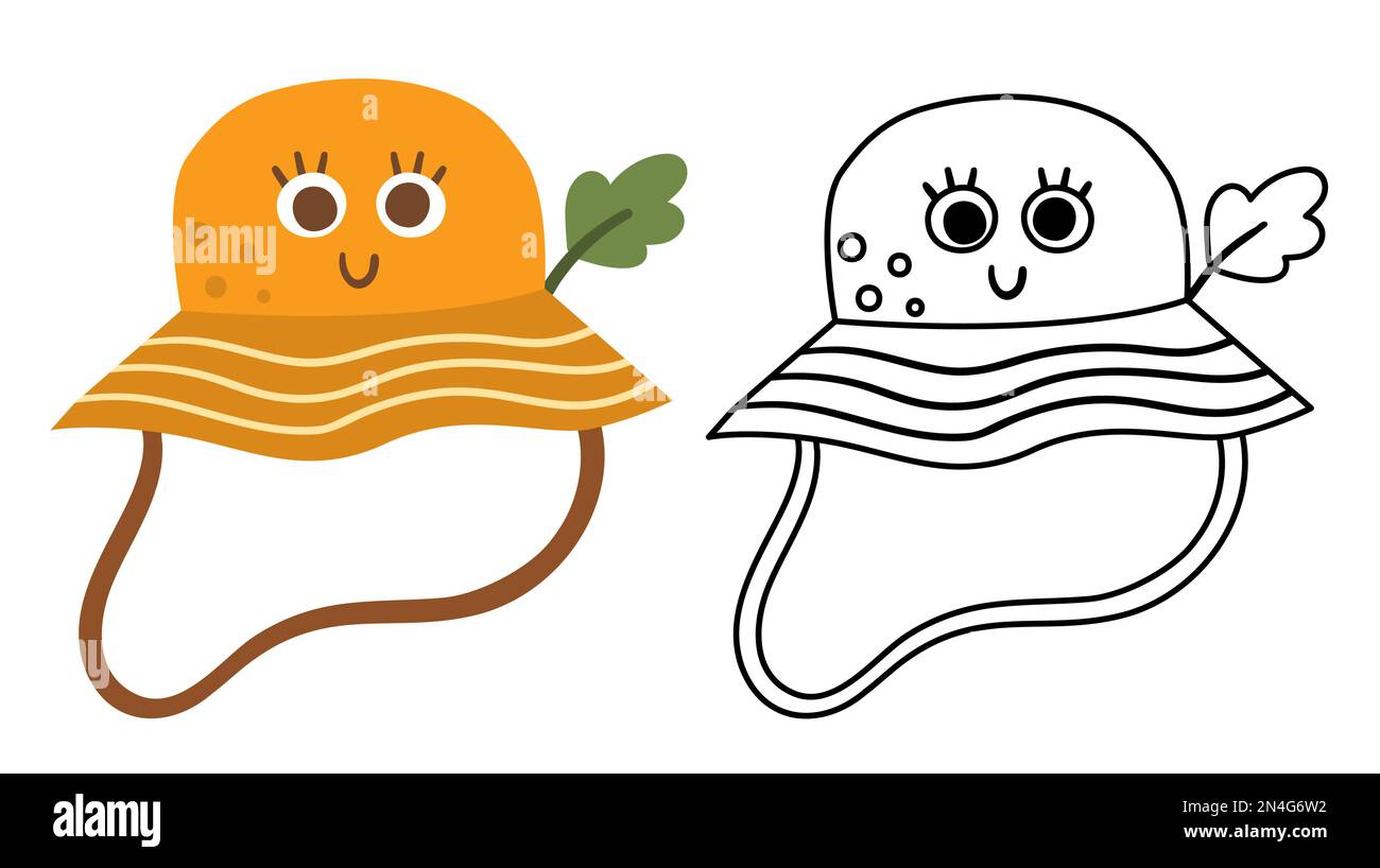 Illustration estivale de Panama Hat vectorielle en noir et blanc et en couleur. Chapeau kawaii souriant avec feuille de chêne. Ensemble de tête de randonnée ou de camping isolé sur wh Illustration de Vecteur