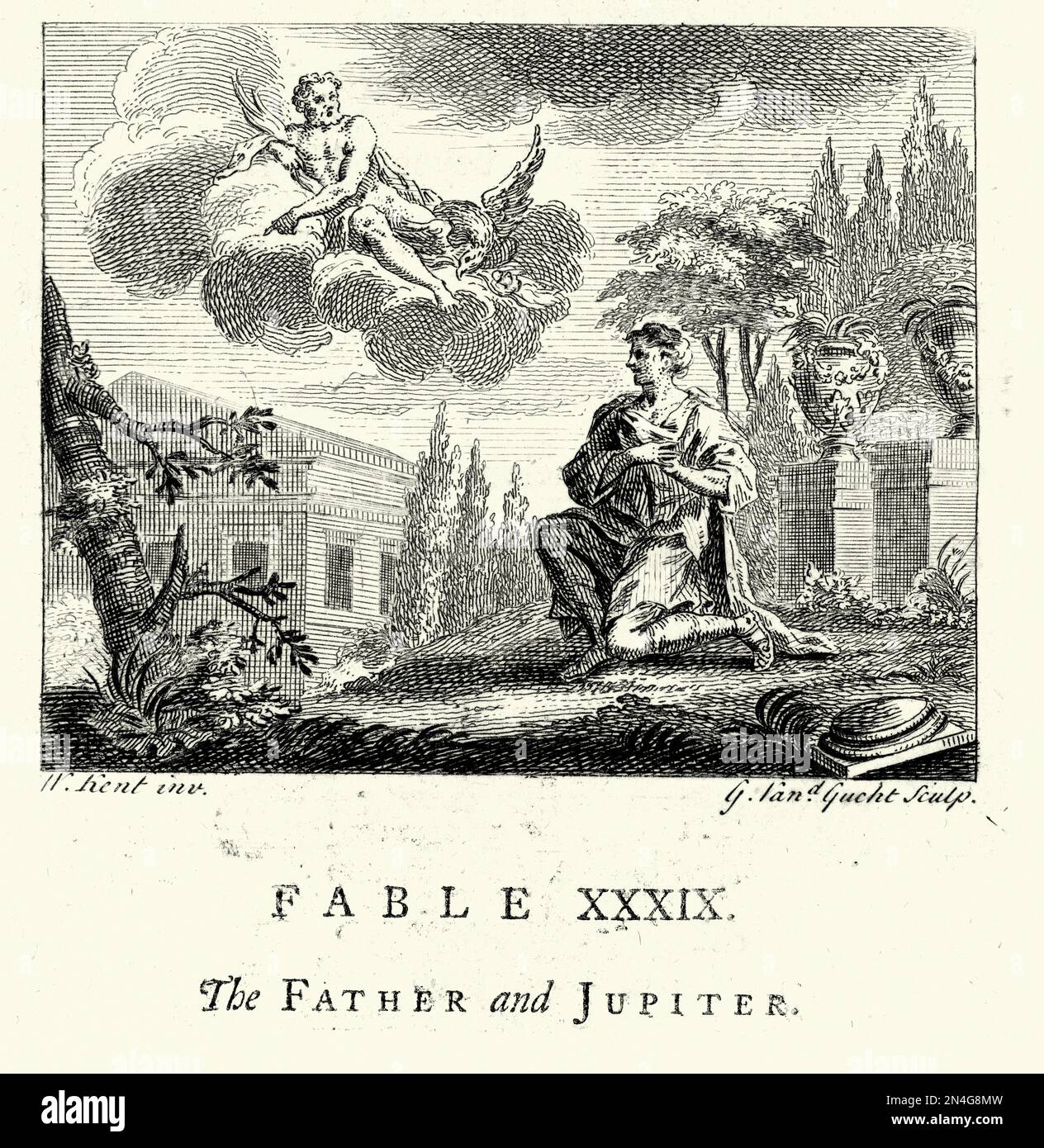 Gravure vintage le Père et Jupiter, ancien Dieu romain du ciel et du tonnerre, des Fables de John gay, 18th siècle Banque D'Images Gravure vintage le Père et Jupiter, ancien Dieu romain du ciel et du tonnerre, des Fables de John gay, 18th siècle Banque D'Images