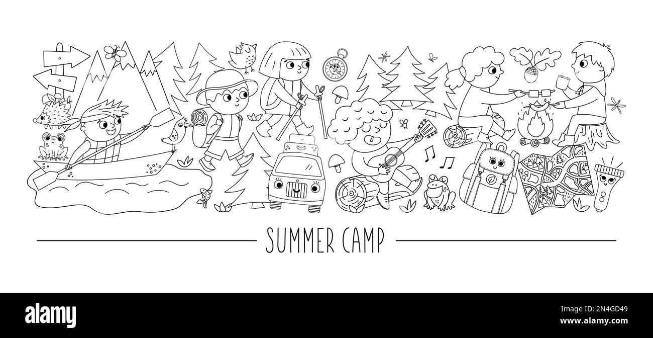 Ensemble horizontal noir et blanc vectoriel avec animaux de la forêt dessinée mignons et enfants faisant des activités de camp d'été. Modèle de carte avec caractères boisés Illustration de Vecteur