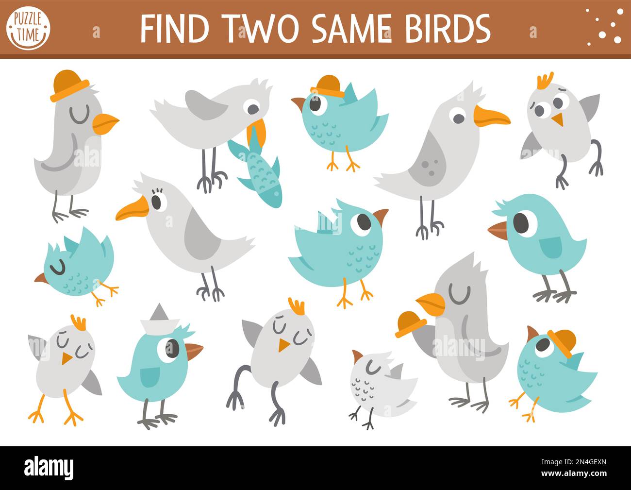 Trouvez deux oiseaux identiques. Activité d'appariement de forêts pour les enfants. Questionnaire logique éducatif sur les bois amusant pour les enfants. Recherche et recherche simple et imprimable Illustration de Vecteur