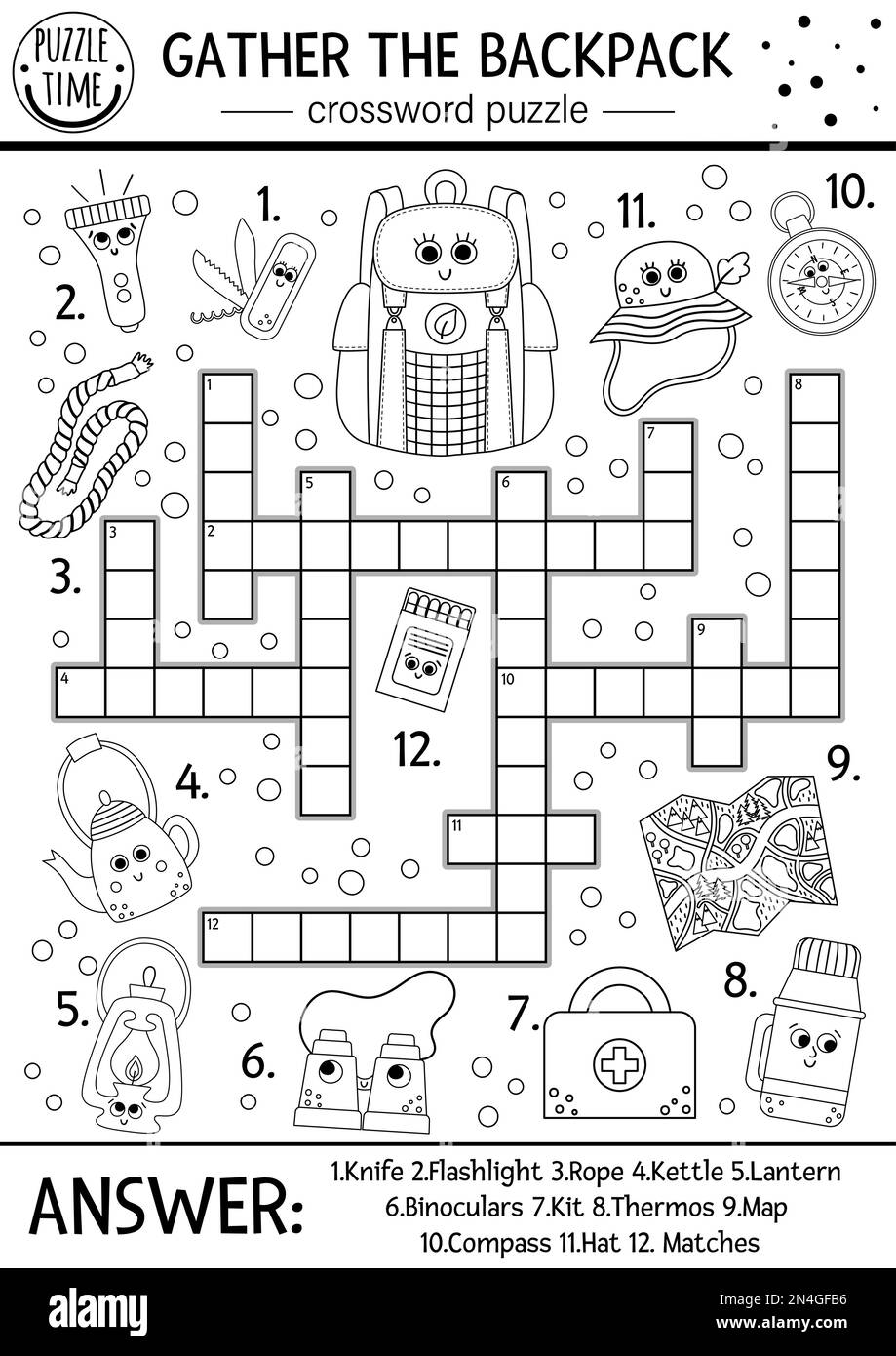 Puzzle noir et blanc de camping vectoriel pour les enfants. Quiz simple de contour de camp d'été avec équipement forestier. Activité avec boussole, thermos, sac. Illustration de Vecteur