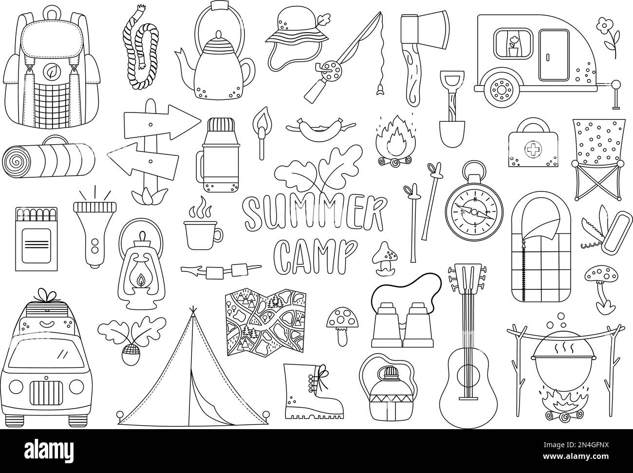 Camp d'été Vector noir et blanc. Camping, randonnée, collecte de matériel de pêche. Extérieur nature tourisme contour icônes pack avec sac à dos, van, r Illustration de Vecteur