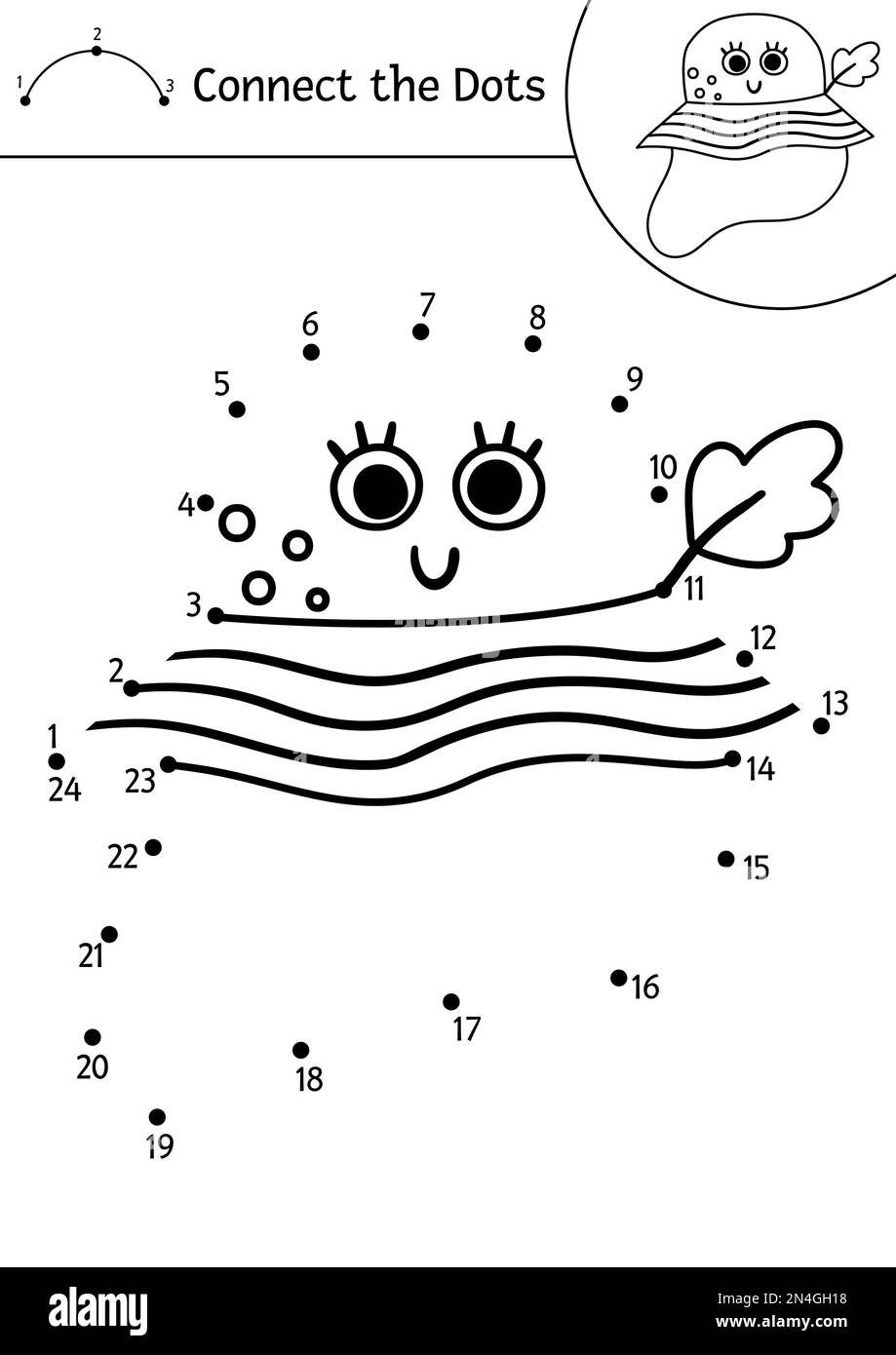 Activité de camping vectoriel point à point et couleur avec joli chapeau kawaii panama. Camp d'été connecter le jeu de points pour les enfants. Drôle et adorable voyage sur route col Illustration de Vecteur