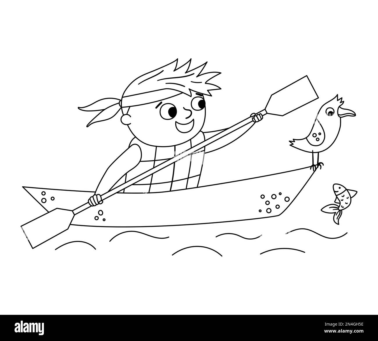 Vecteur noir et blanc kayak garçon. Scène de rafting en ligne de feu de camp avec un enfant mignon dans un bateau avec paddle et mouette. Activités aquatiques en extérieur ou caméra d'été Illustration de Vecteur