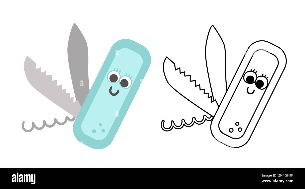 Couteau pliant Vector kawaii, illustration en noir et blanc et en couleur. Icône d'équipement de coupe portable. Dispositif de fermoir pour le tourisme de plein air actif. Corksc Illustration de Vecteur