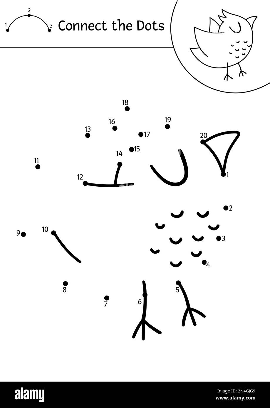 Forêt vectorielle point à point et activité de couleur avec un joli oiseau volant. Été connecter le jeu de points pour les enfants avec l'animal. Page de coloriage amusante et adorable Illustration de Vecteur