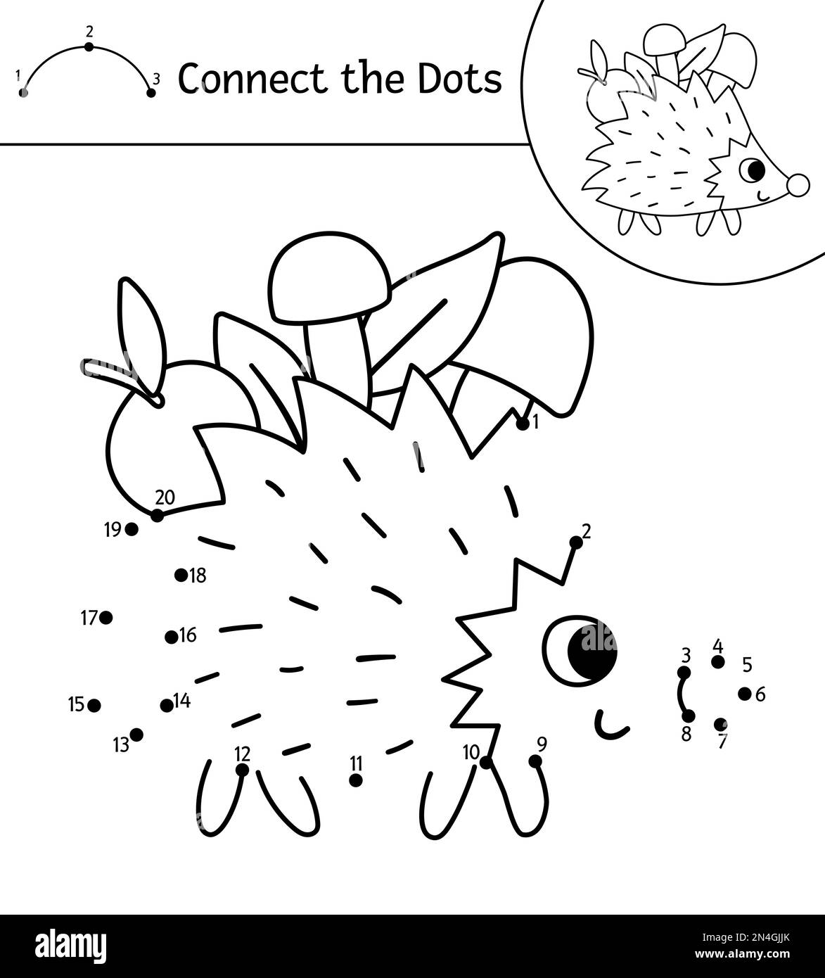 Forêt vectorielle de point à point et de couleur avec de mignons hérissons transportant des champignons et des pommes. L'été ou l'automne relient le jeu de points pour les enfants avec Illustration de Vecteur