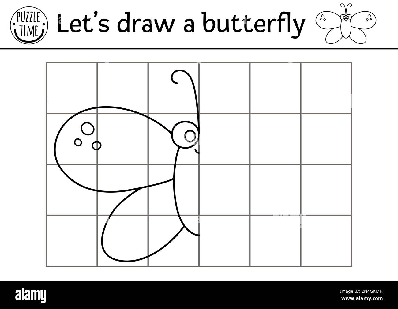 Complétez la photo de papillon. Feuille de travail pratique de dessin de forêt vectorielle. Activité imprimable en noir et blanc pour les enfants d'âge préscolaire avec insecte. Copier Illustration de Vecteur