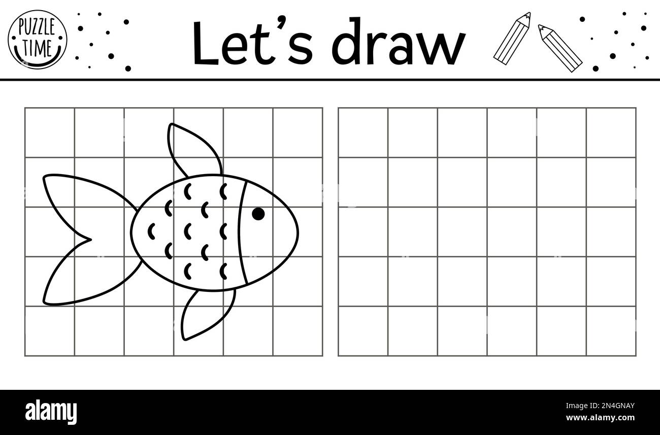 Complétez la photo du poisson. Feuille de travail pratique de dessin de forêt vectorielle. Activité imprimable en noir et blanc pour les enfants d'âge préscolaire avec un animal aquatique. Copier Illustration de Vecteur
