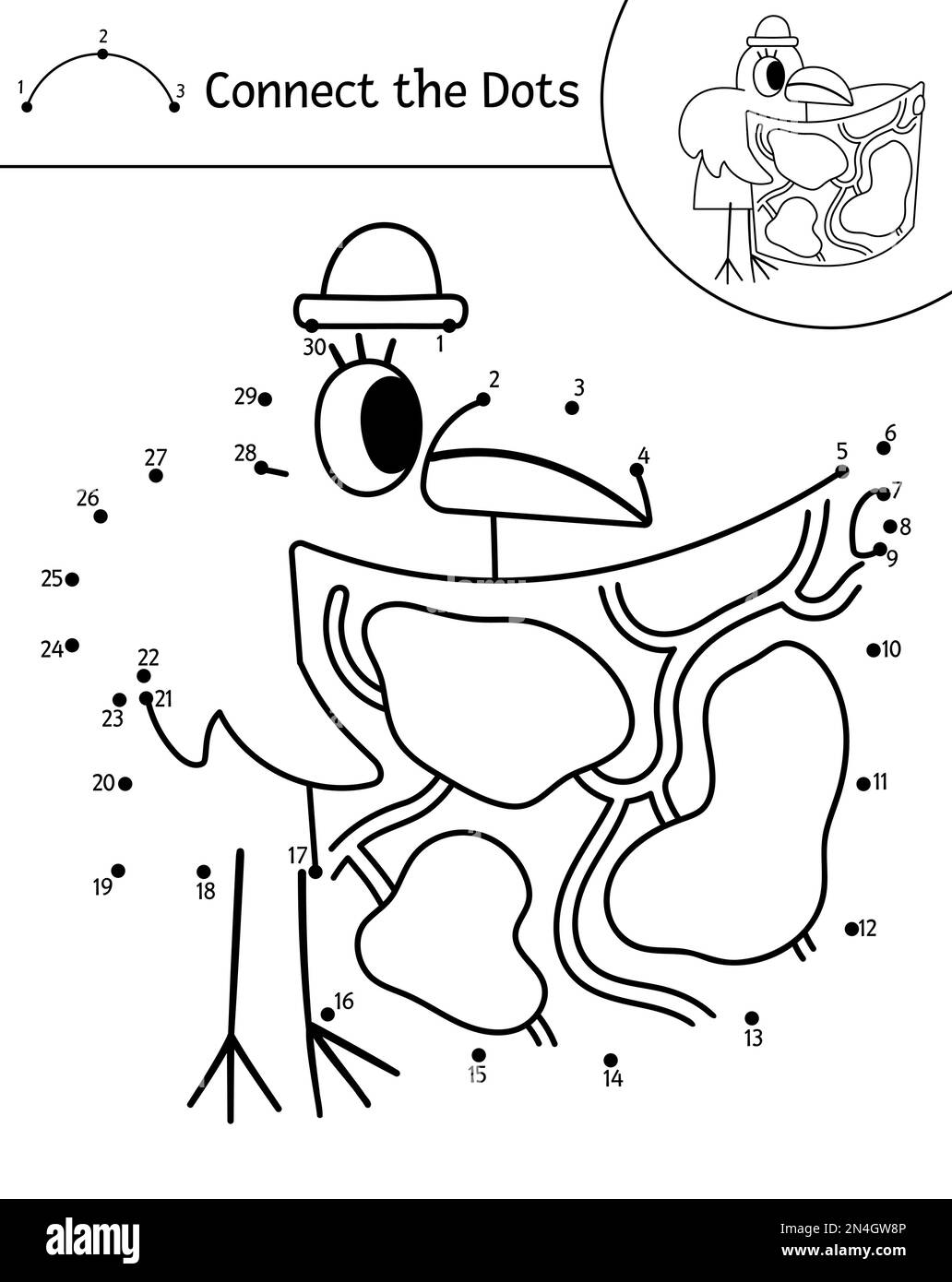 Forêt vectorielle de point à point et de couleur activité avec ravissant corbeau regarder dans la carte. L'été, connectez le jeu de points pour les enfants avec un oiseau de bois comique. Fu Illustration de Vecteur