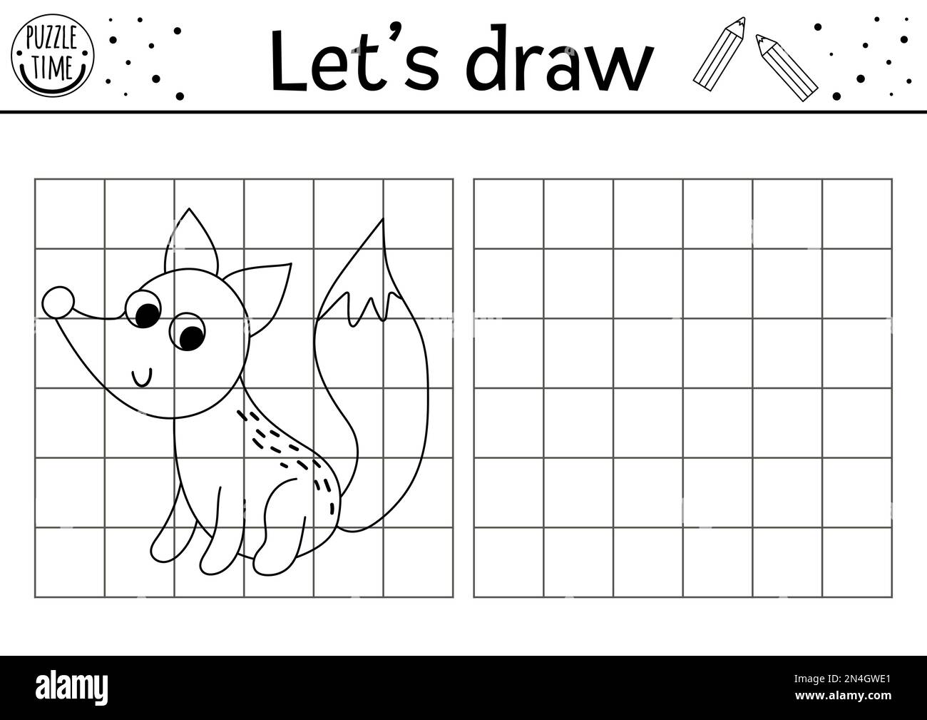 Complétez la photo du renard. Feuille de travail pratique de dessin de forêt vectorielle. Activité imprimable en noir et blanc pour les enfants d'âge préscolaire avec animal. Copiez le pi Illustration de Vecteur