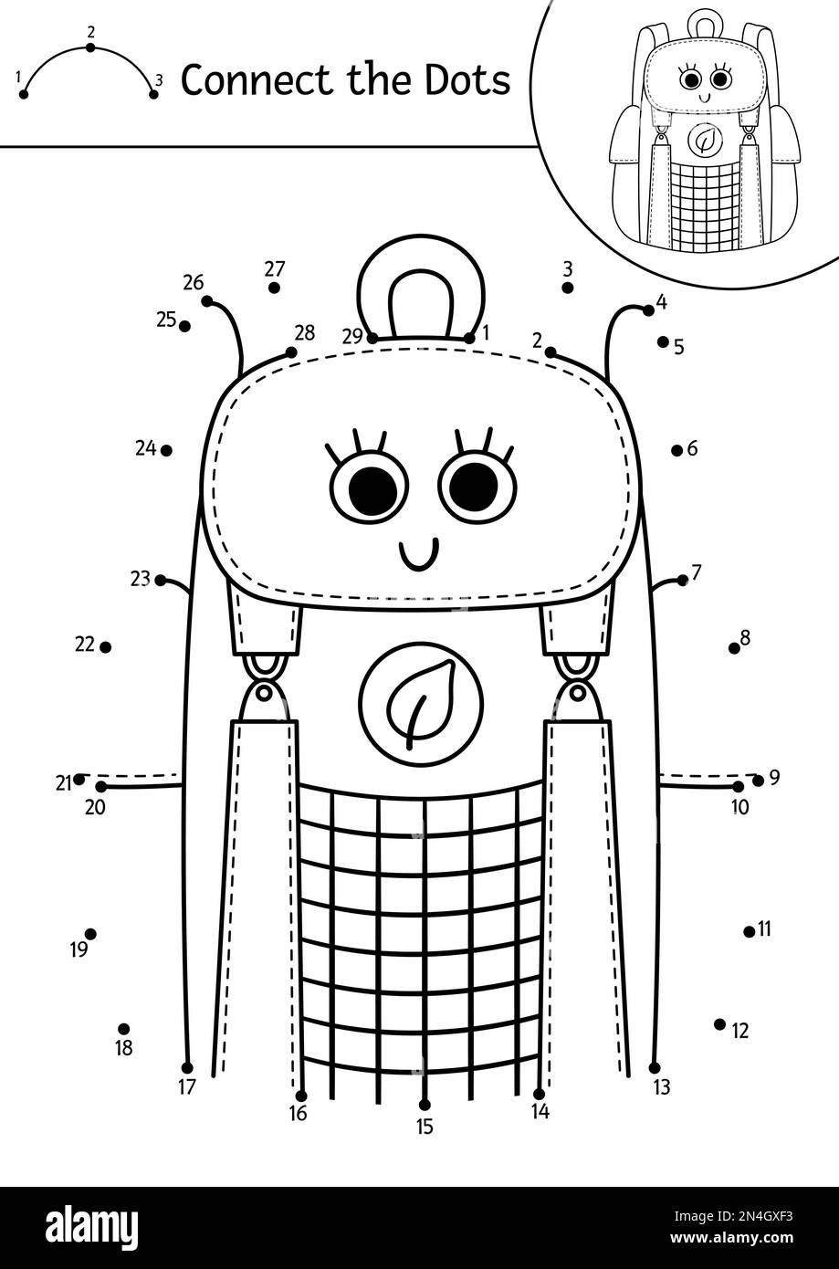 Camping vectoriel point à point et activité de couleur avec un joli sac à dos de tourisme kawaii. Camp d'été connecter le jeu de points pour les enfants avec la bande dessinée. Drôle a Illustration de Vecteur