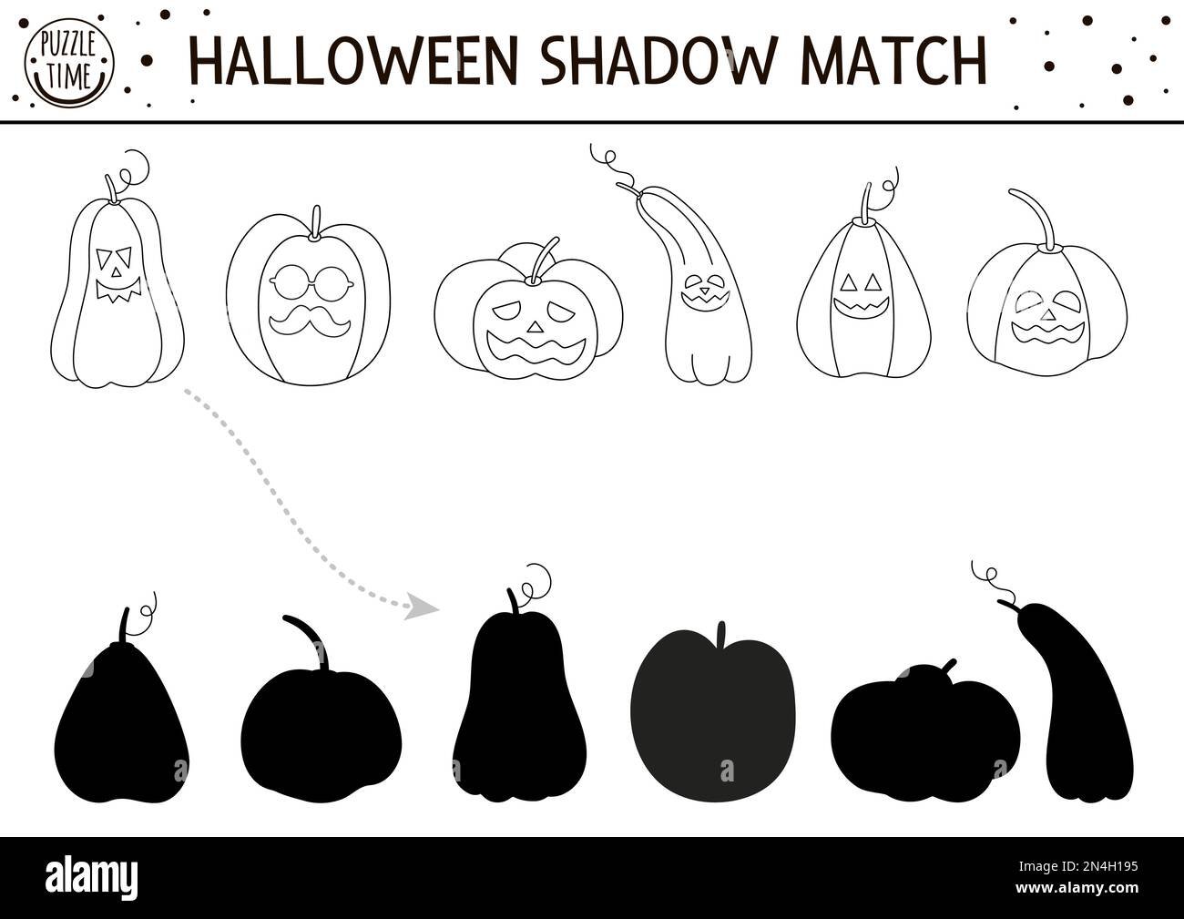 Activité de mise en correspondance des ombres noir et blanc d'Halloween. Casse-tête d'automne ou page de coloriage avec Jack-o-lanternes. Jeu avec des citrouilles effrayantes. Rechercher Illustration de Vecteur