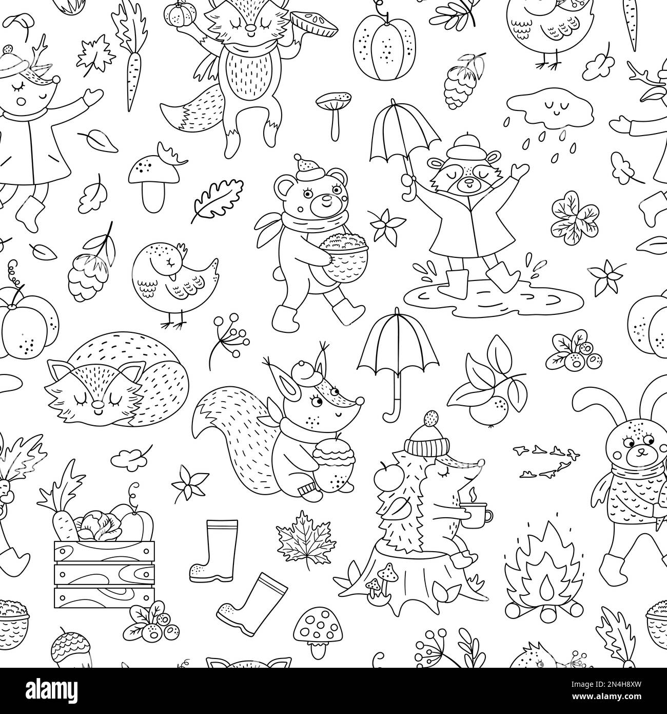 Motif noir et blanc sans couture avec caractères vectoriels d'automne. Adorable animaux boisés ligne répéter arrière-plan. Page de coloriage de la saison d'automne. Forêt drôle Illustration de Vecteur