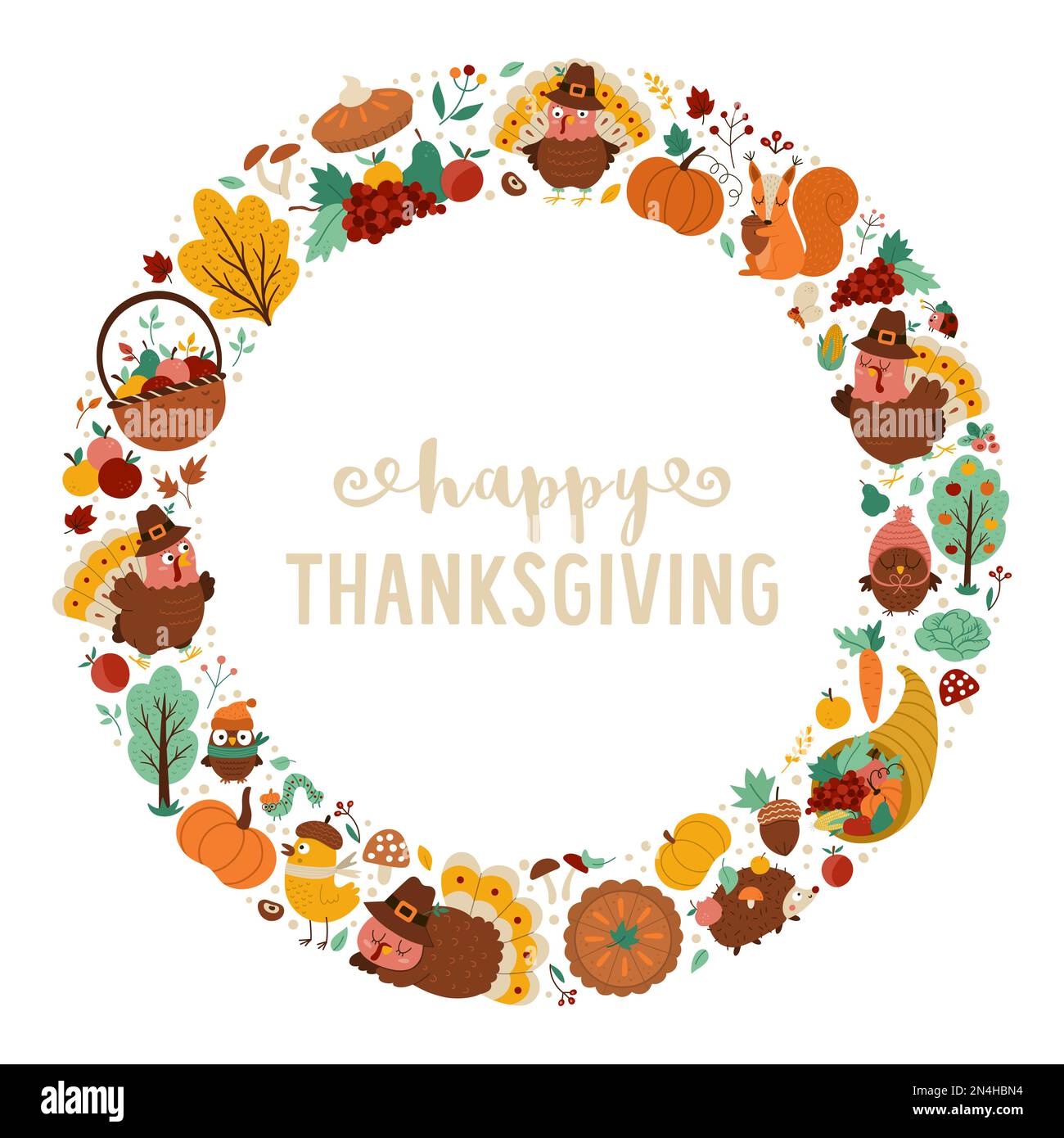 Cadre rond vectoriel avec dinde comique, animaux forestiers, éléments de Thanksgiving, citrouilles, récolte. Motif couronne d'automne ou modèle de carte pour bannières, pos Illustration de Vecteur