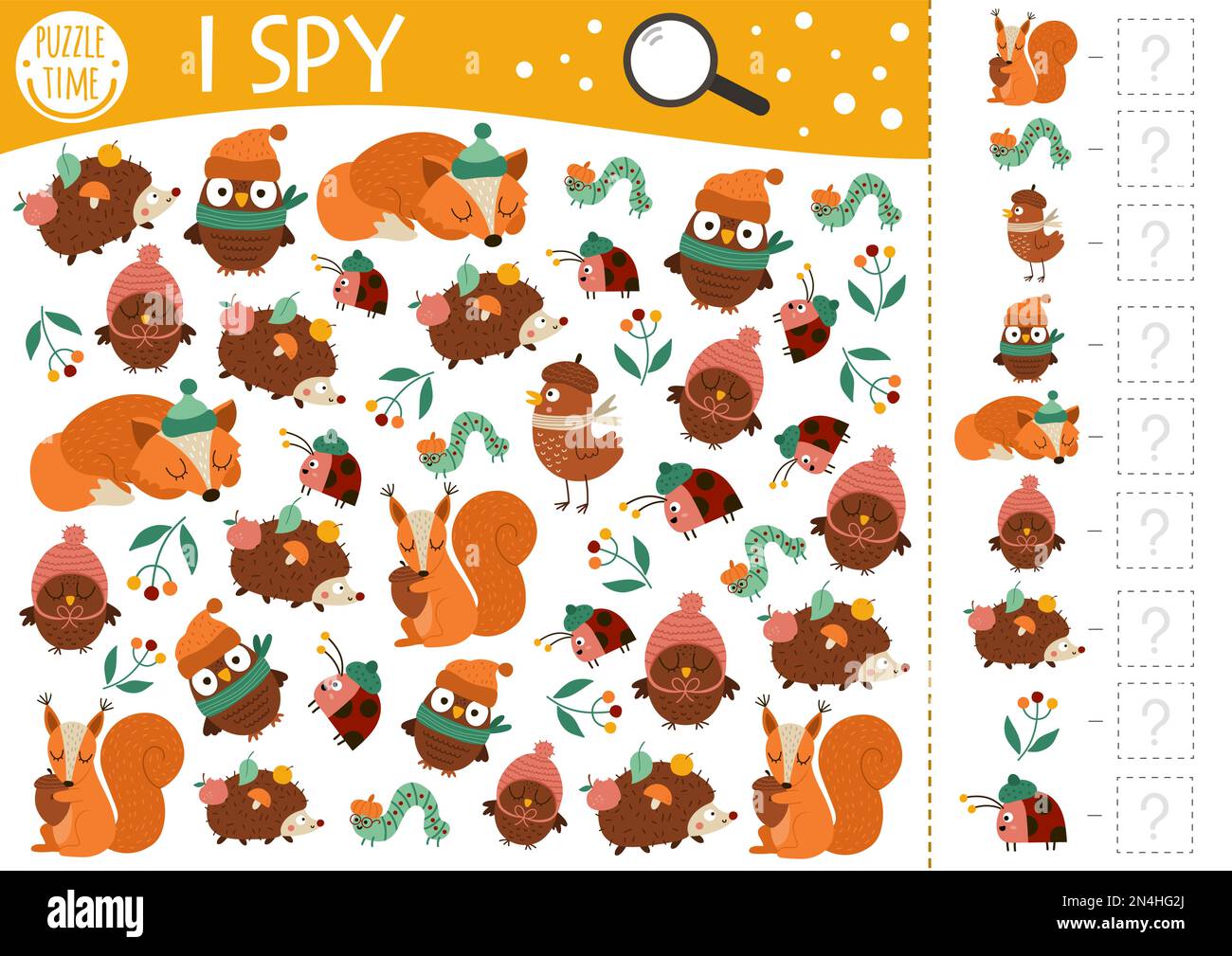 Automne forêt I jeu d'espion pour les enfants. Activités de recherche et de comptage d'automne pour les enfants d'âge préscolaire avec des animaux des bois, des oiseaux, des insectes. Drôle imprimable Illustration de Vecteur