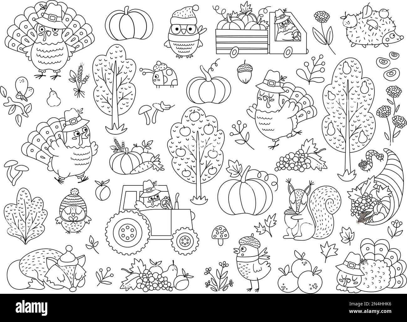 Ensemble d'éléments de Thanksgiving noir et blanc vectoriel. Collection d'icônes de la ligne d'automne avec dinde, animaux, récolte, cornucopia, citrouilles, arbres. Chute Holida Illustration de Vecteur