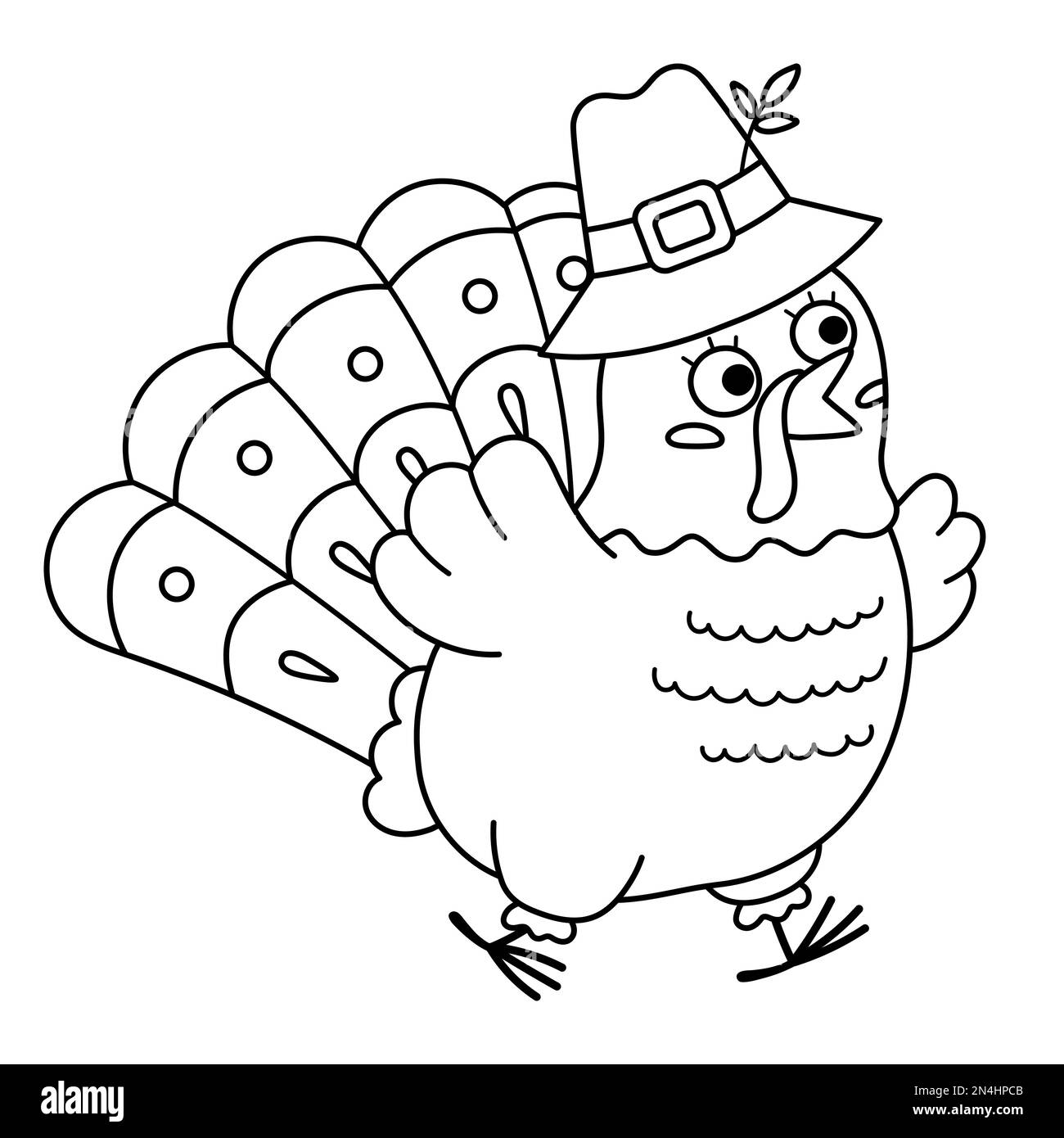 Vector noir et blanc Thanksgiving dinde en chapeau de pèlerin. Icône de la ligne d'oiseau d'automne. Outline automne vacances running animal avec les yeux renflés isolés sur wh Illustration de Vecteur