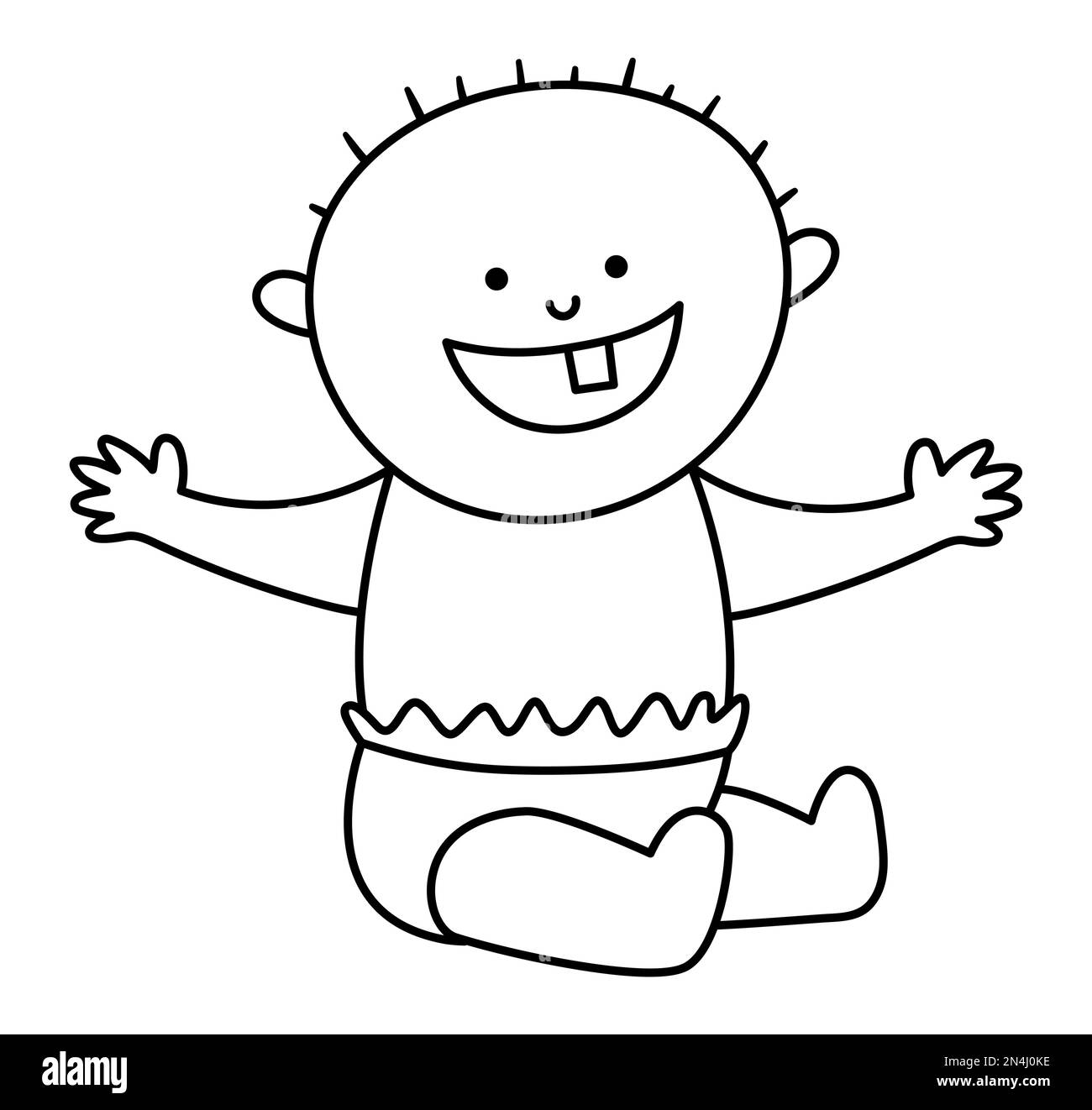 Bébé noir et blanc souriant d'une dent. Icône de ligne enfant vectorielle. Petit dessin enfant en couche. Première notion de dents ou page de coloriage. Illustration de Vecteur