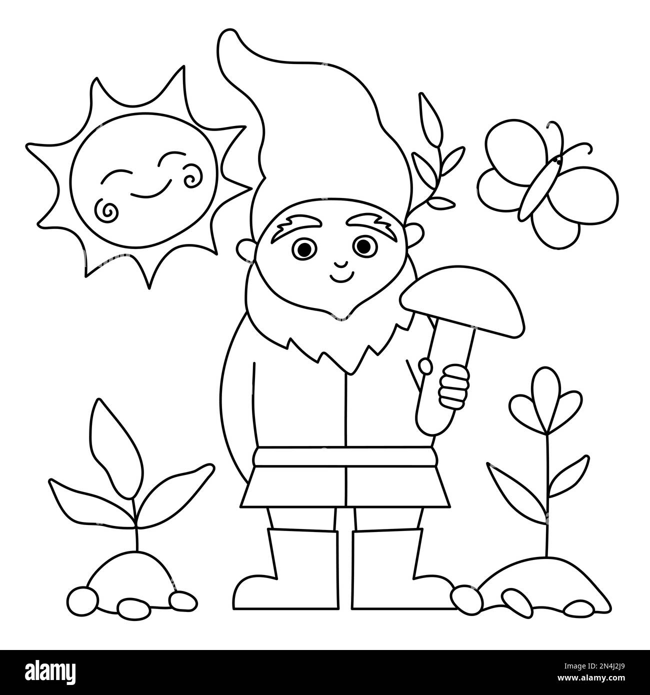 Vector mignon gnome noir et blanc de jardin. Contour nain drôle avec champignon, soleil, plantes de bébé. Icône de la ligne de sculpture de leprechun de jardinage traditionnel Illustration de Vecteur