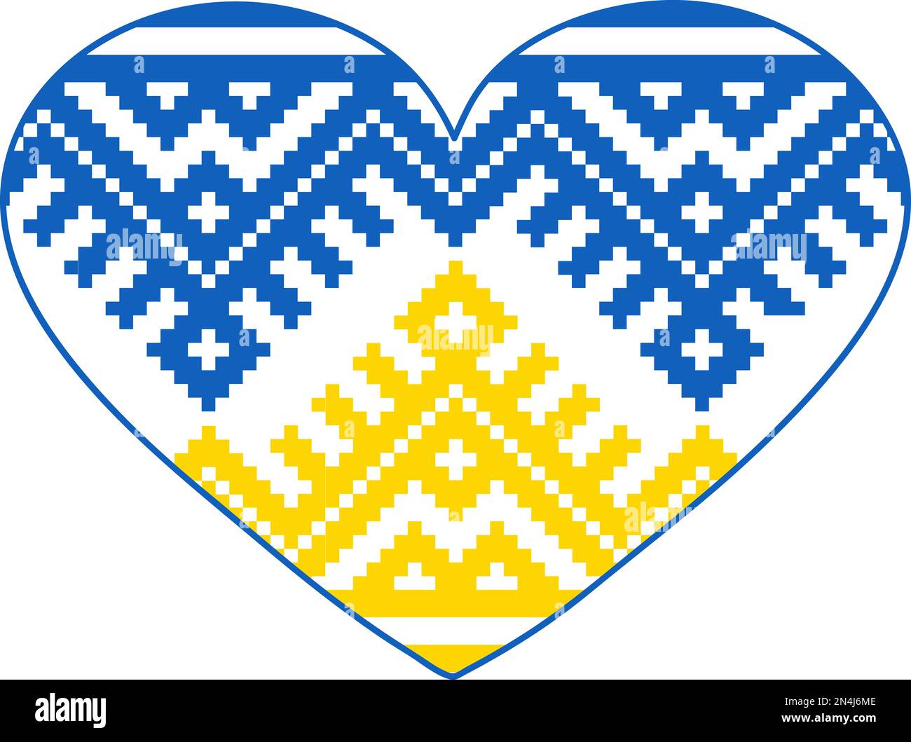 Drapeau ukrainien - forme de coeur avec Vyshyvanka folk art vector sans couture motif, conception traditionnelle incarnant. Banque D'Images