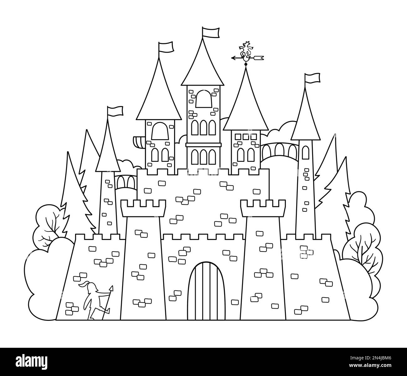 Icône de château noir et blanc vectoriel isolée sur fond blanc. Photo de la ligne Magic kingdom. Palais médiéval en pierre avec tours, drapeaux, portes. Fée ta Illustration de Vecteur