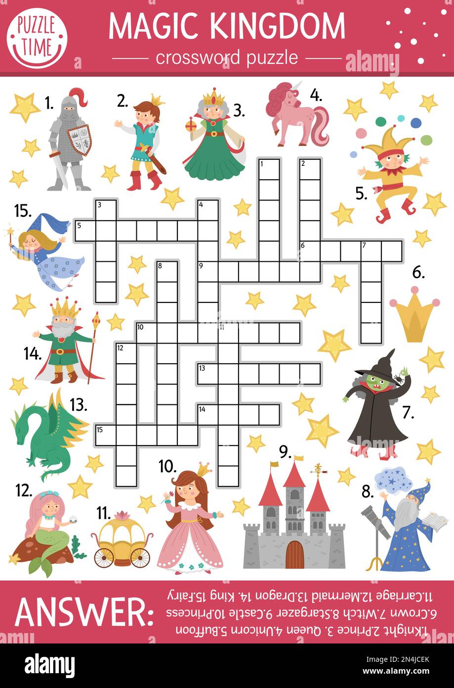 Casse-mots croisés de contes de fées vectoriels pour les enfants. Quiz simple Royaume magique avec créatures fantasques pour enfants. Activité éducative avec chevalier, château, p Illustration de Vecteur