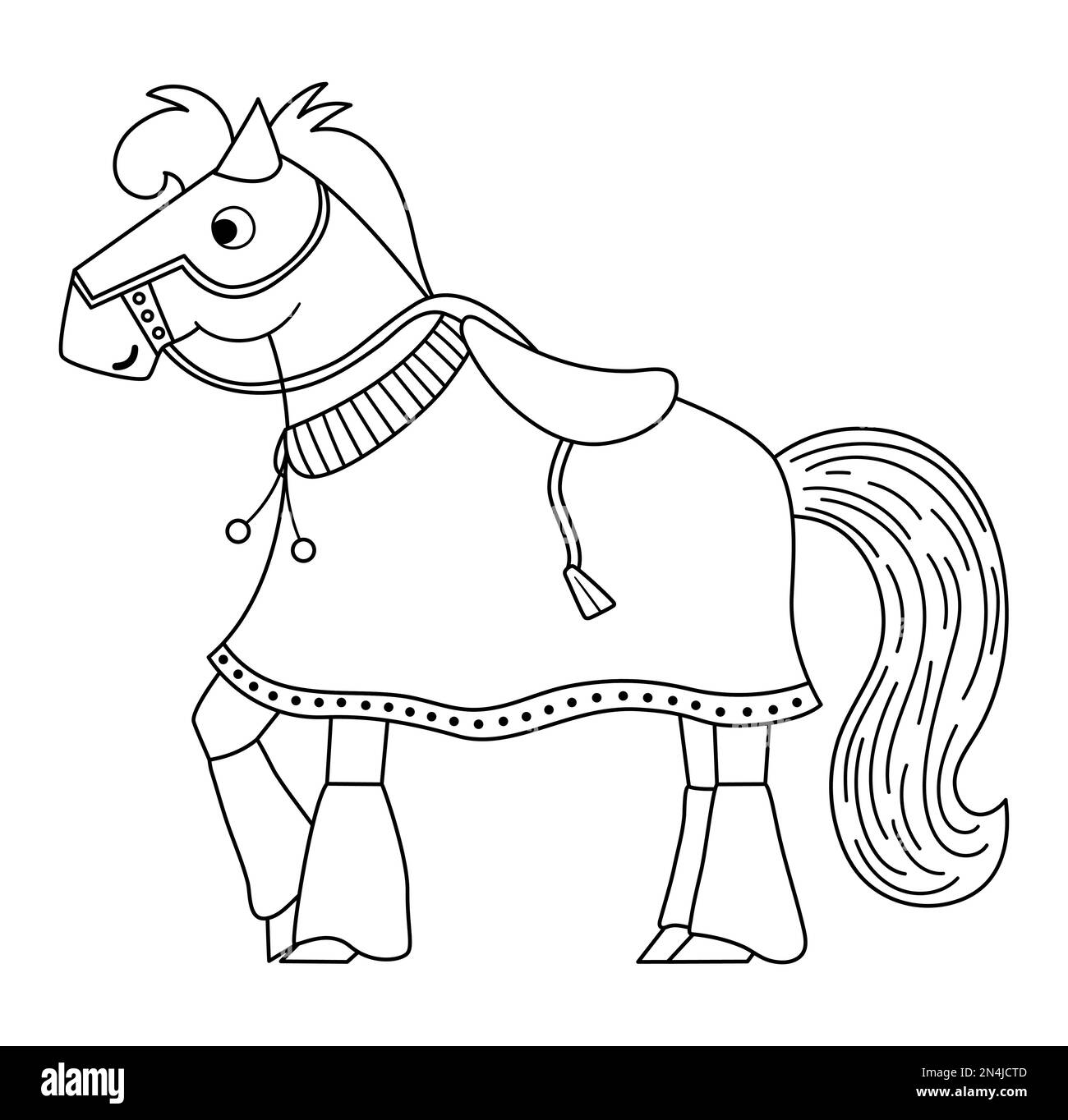 Cheval chevalier noir et blanc de conte de fées avec couverture et selle. Animal guerrier blindé ligne fantaisie. Icône de dessin animé de conte de fées avec caractère médiéval o Illustration de Vecteur