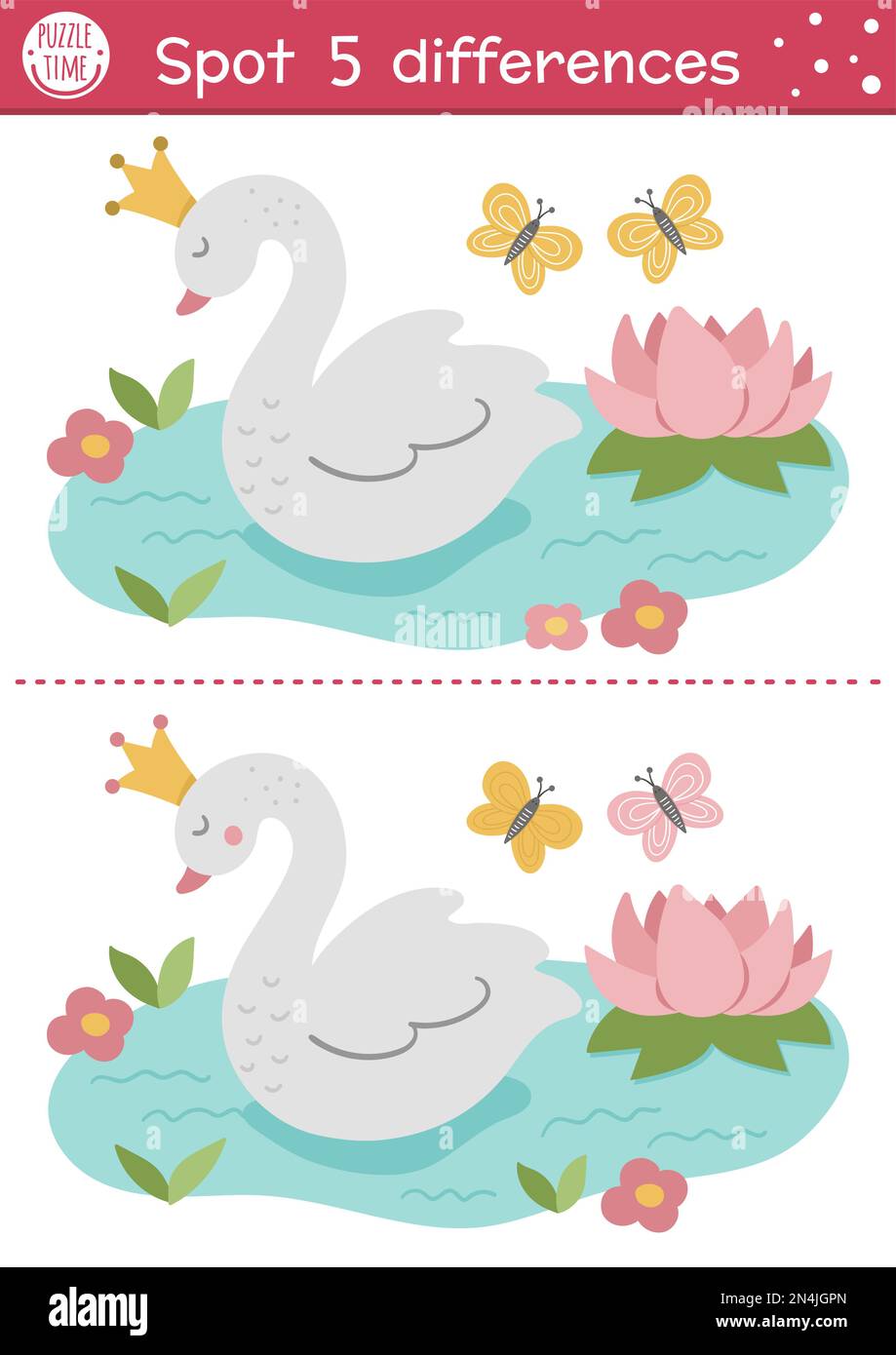 Trouvez le jeu différences pour les enfants. Activité éducative de conte de fées avec la jolie princesse de cygne. Puzzle Magic kingdom pour enfants avec personnage de fantaisie. Juste Illustration de Vecteur