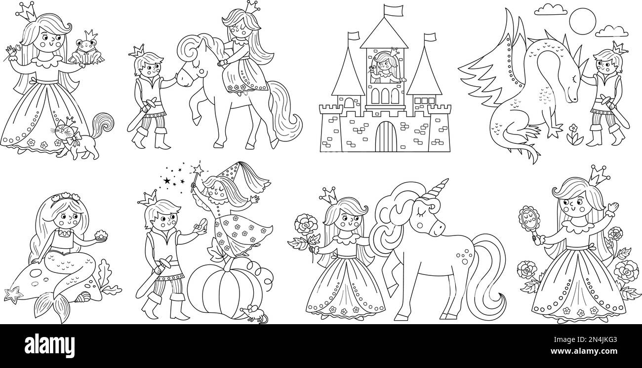 Ensemble de princesse vecteur noir et blanc de conte de fées. Collection FANTASY Line pour fille. Page de coloriage de la femme de chambre de conte de fées médiévale. Pack d'icônes magiques de dessin animé Girlish Illustration de Vecteur