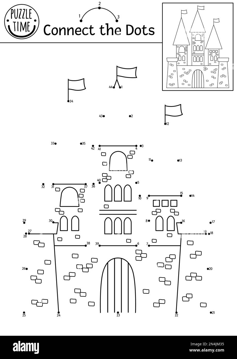 Vecteur point-à-point et activité de couleur avec joli château. Magic kingdom connecter le jeu de points pour les enfants avec la maison de roi. Page de coloriage de conte de fées pour Illustration de Vecteur