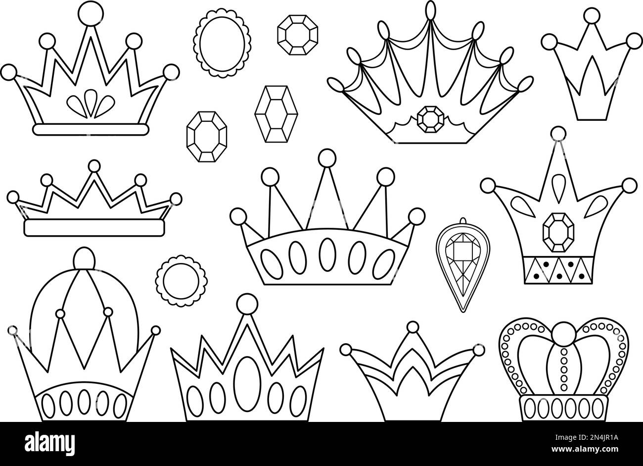 Collection de couronnes noir et blanc de conte de fées. Ensemble de lignes vectorielles avec accessoires pour grand lit ou grand lit fantaisie. Symboles de l'autorité souveraine. Conte de fées médiéval Illustration de Vecteur