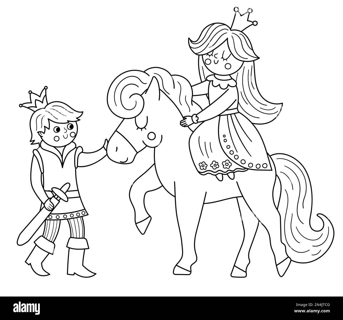 prince noir et blanc de conte de fées avec princesse sur un cheval