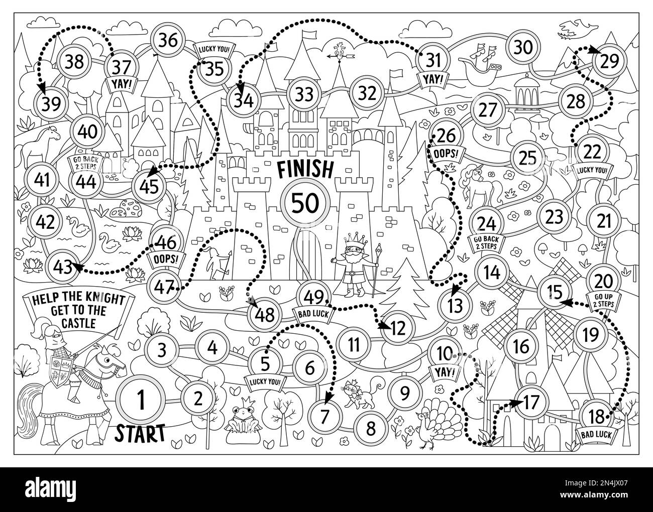 Jeu de dés de conte de fées noir et blanc avec paysage médiéval. Jeu de société Magic kingdom. Activité conte de fées, feuille de travail imprimable pour les enfants. C Illustration de Vecteur