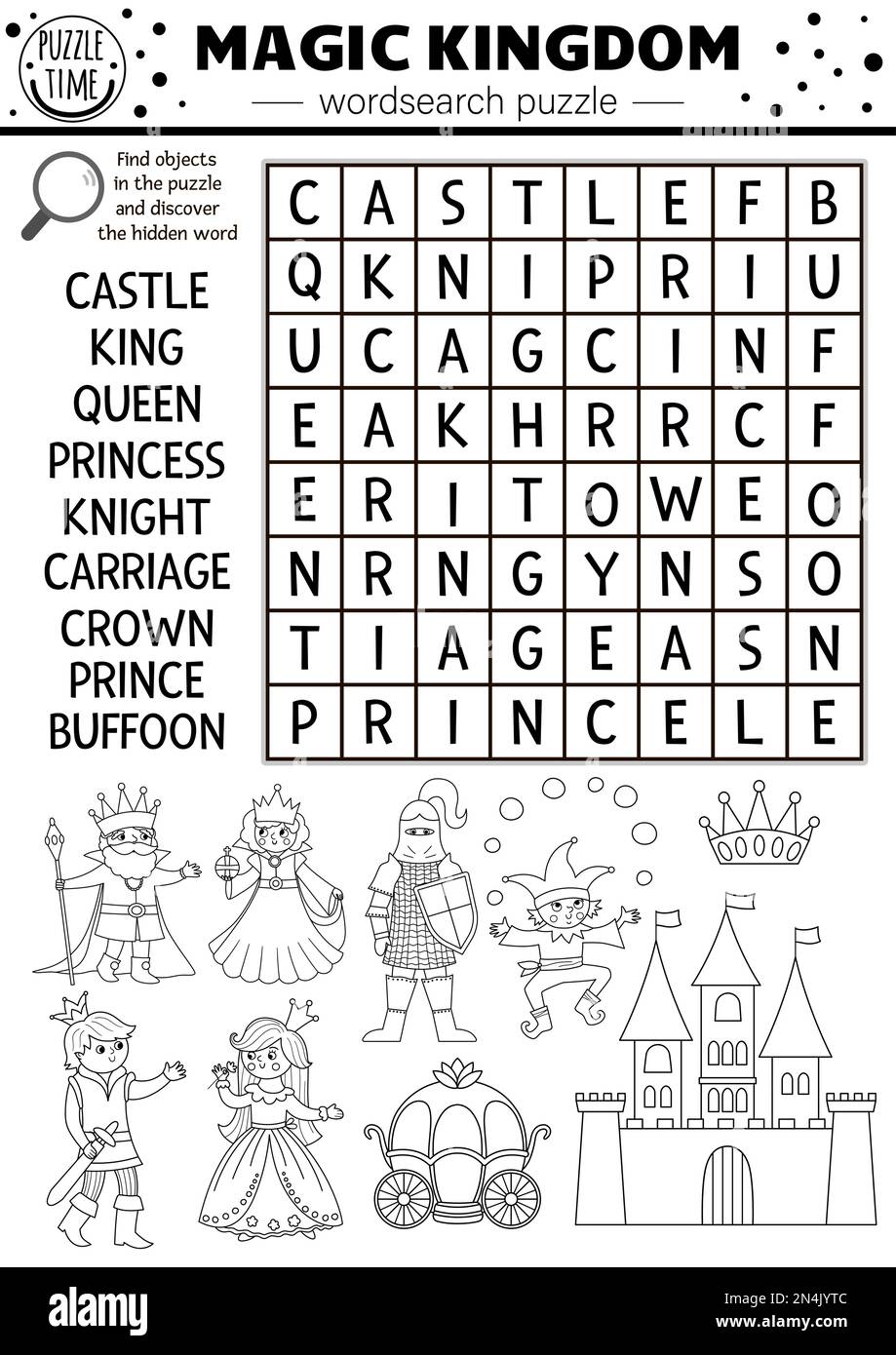 Scénario conte de fées noir et blanc wordsearch puzzle pour les enfants. Mot-croix ou page de coloriage du royaume magique avec créatures de fantaisie. Activité avec chevalier, env Illustration de Vecteur