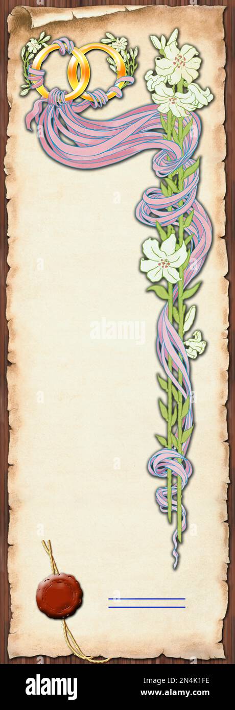 Marrage, diplôme d'engagement ou certificat sur un vieux rouleau de papier, décodé avec deux anneaux dorés, rubans violets, fleurs et joint de cire, avec espace pour le texte Banque D'Images