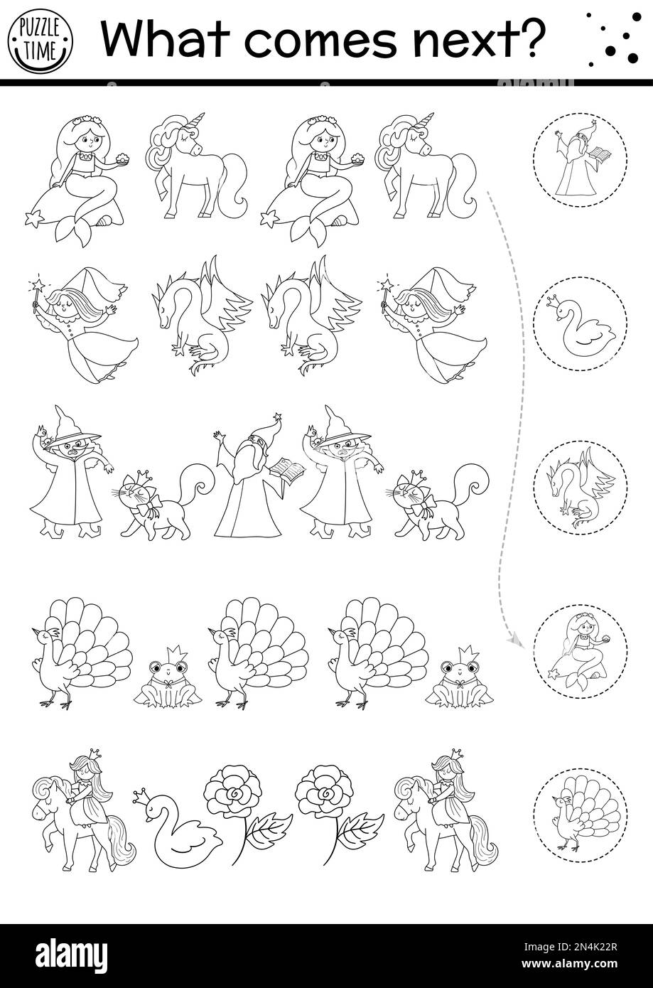 La suite. Activité de conte de fées noir et blanc pour les enfants d'âge préscolaire avec des créatures de fantaisie. Drôle de puzzle de royaume magique ou de coloriage pag Illustration de Vecteur