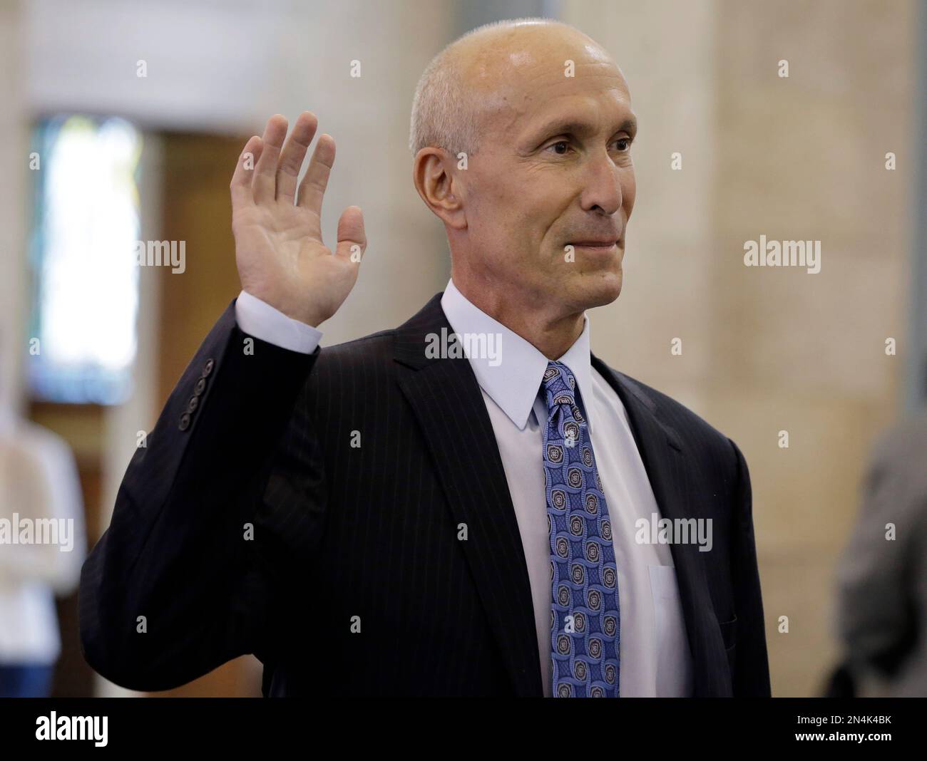 New Jersey Superior Court Judge Lee Solomon is sworn in at the Statehouse,  Monday, June 16, 2014, in Trenton, ., before the Senate Judiciary panel  for a hearing on his nomination to