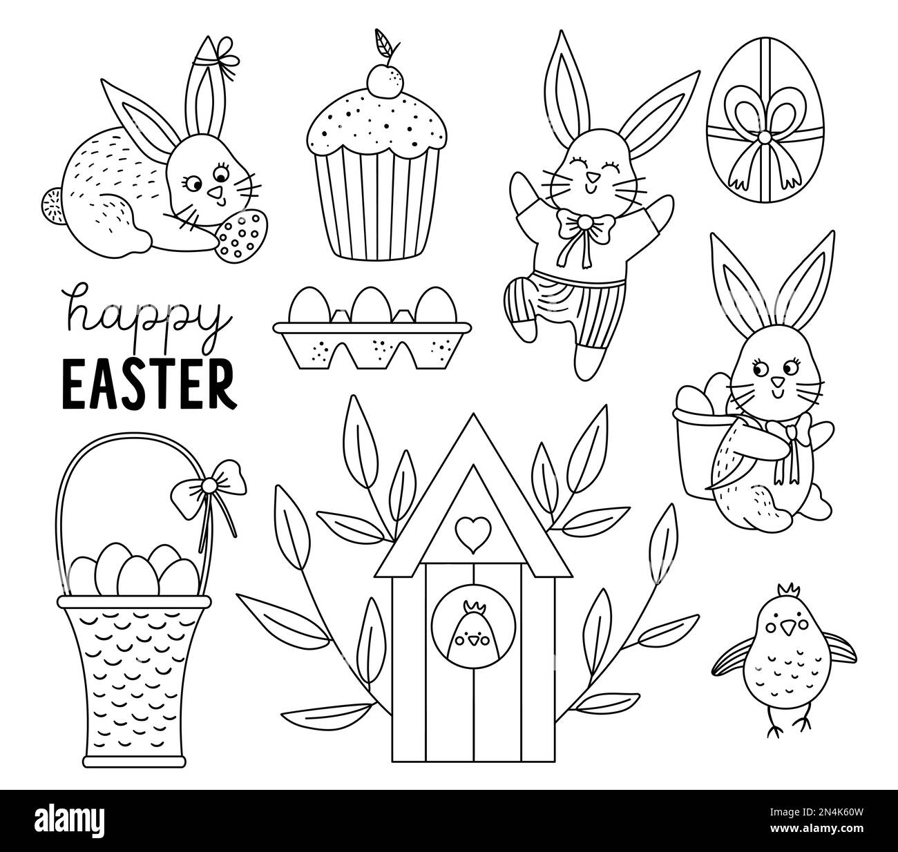 Ensemble de lapins de Pâques noirs et blancs vectoriels avec panier, poulet, gâteau, carottes. Illustration des lapins de printemps. Christian ligne de vacances icônes colle Illustration de Vecteur