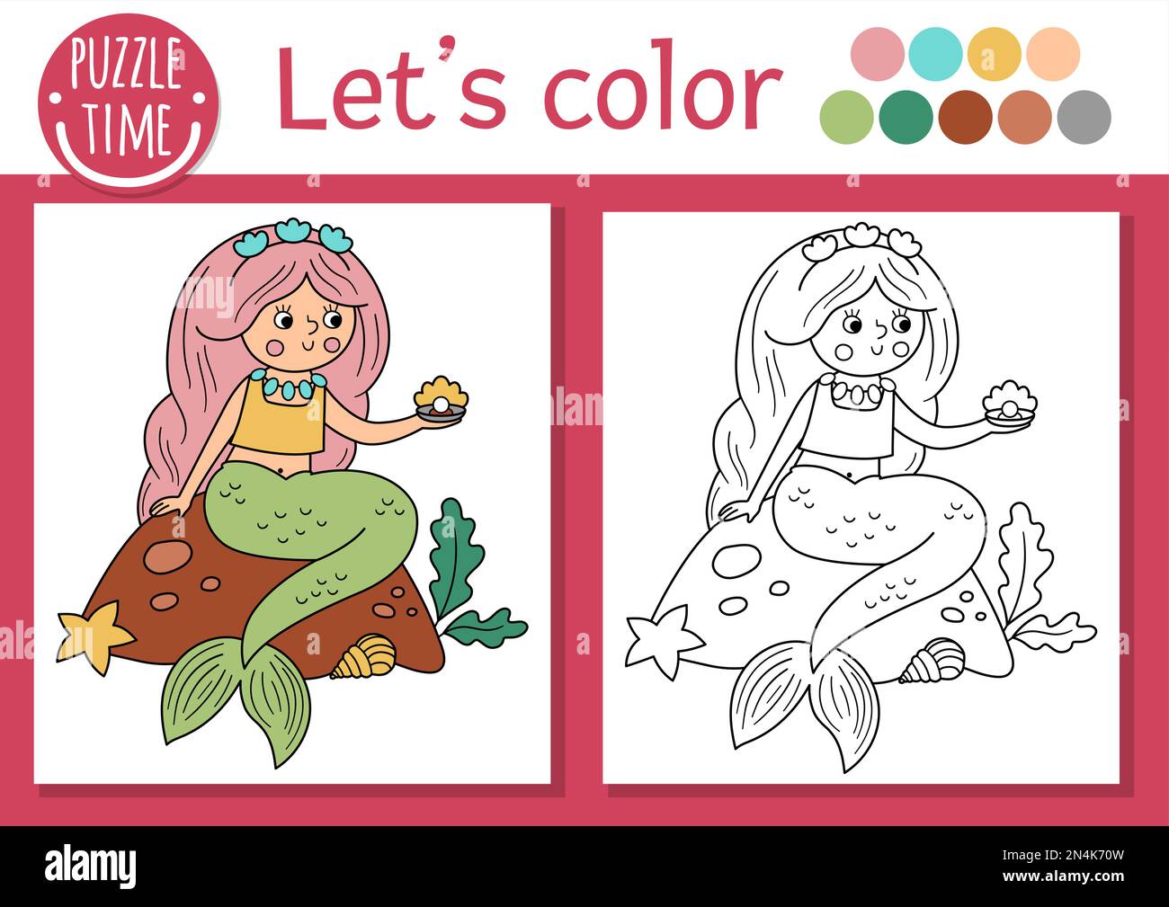 Page de coloriage Magic kingdom pour les enfants avec sirène. Illustration vectorielle de conte de fées avec une jolie princesse de mer fantaisie. Livre de couleurs pour enfants, colo Illustration de Vecteur