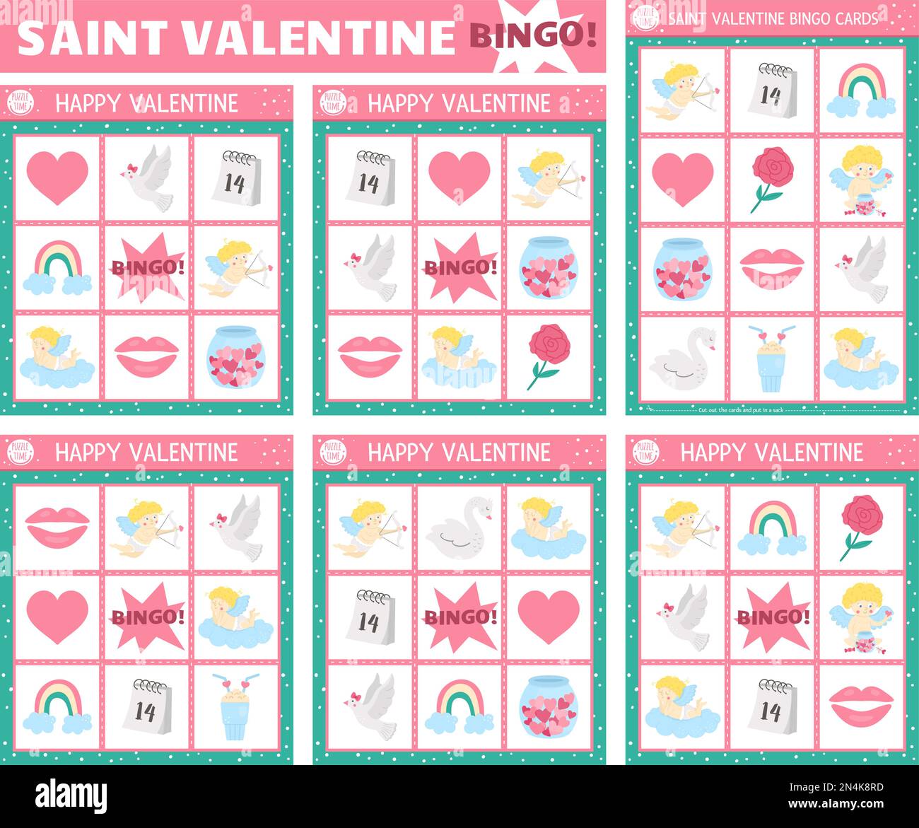 Ensemble de cartes de bingo Vector Saint Valentine. Jeu de loto amusant en famille avec cupid mignon, coeur, rose, cygne, colombe pour les enfants. Aimez les activités de loterie de vacances. Illustration de Vecteur