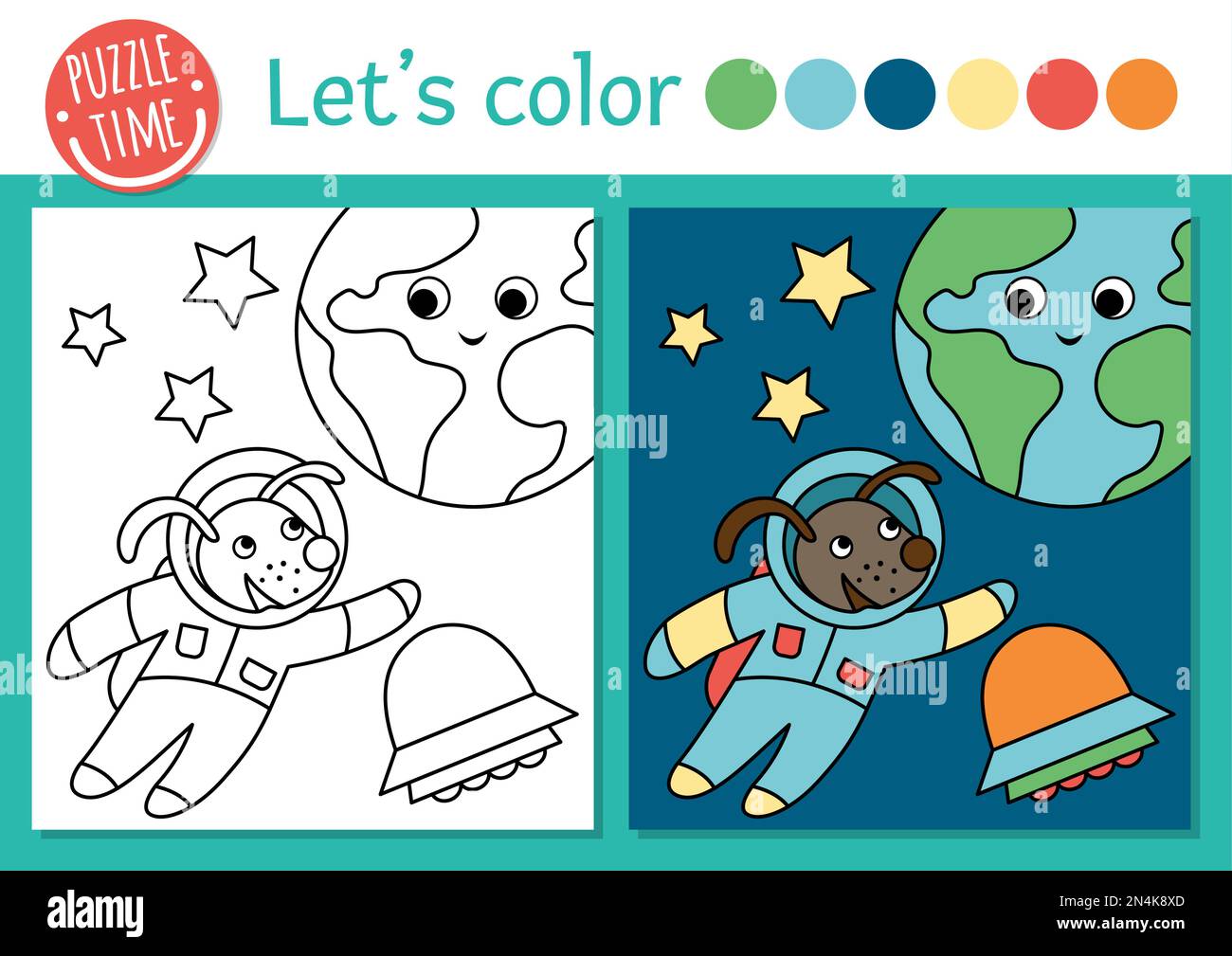 Page de coloriage d'espace pour les enfants. Mignon drôle astronaute chien avec terre, étoiles, OVNI. Illustration vectorielle Astronomie avec système solaire. Col. COSMOS Illustration de Vecteur
