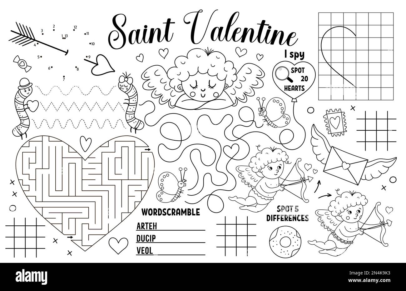 Napperon Vector Saint Valentin pour enfants. J'adore les vacances imprimable tapis d'activité avec labyrinthe, titic tac toe charts, connecter les points, trouver la différence. Noir Illustration de Vecteur
