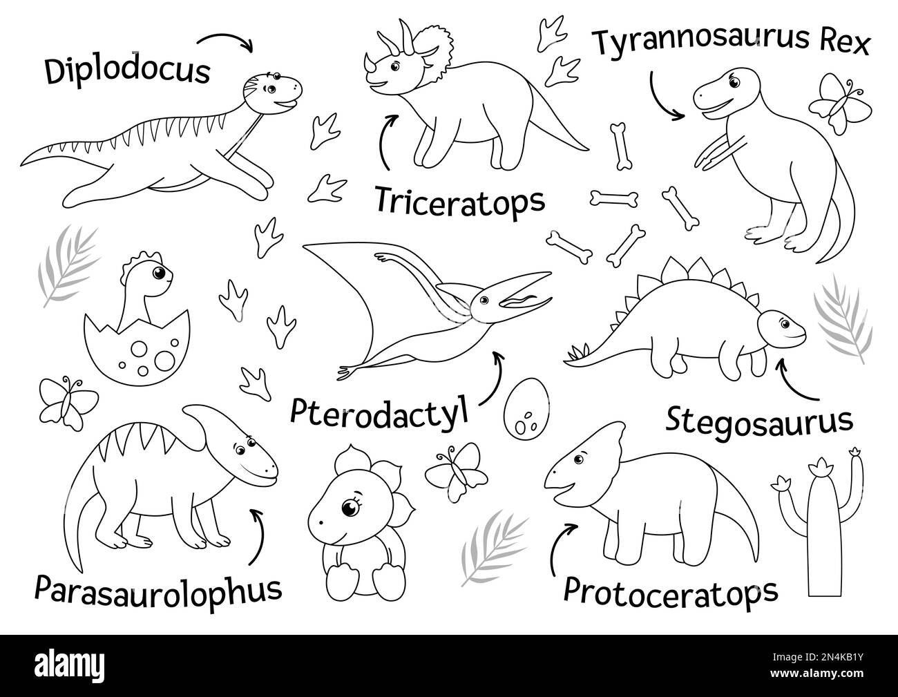 Ensemble vectoriel de dinosaures mignons avec des noms isolés sur fond blanc. Personnages dino plats amusants. Illustration de reptiles préhistoriques mignons Illustration de Vecteur