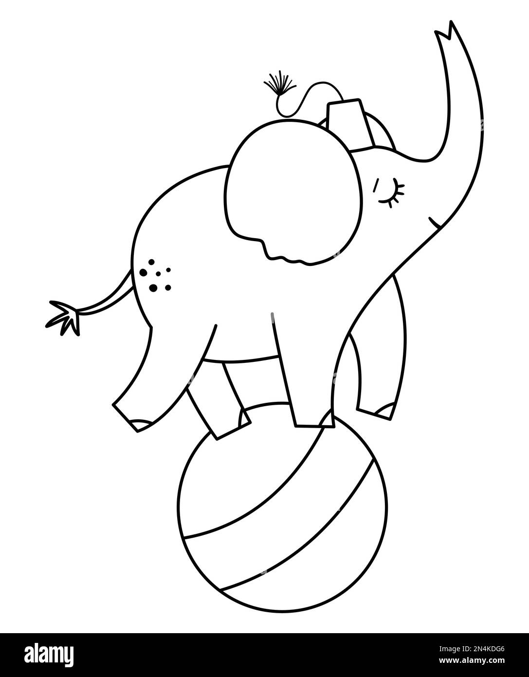 Éléphant noir et blanc sur une balle. Vecteur cirque contour animal. Icône de la ligne de fête d'amusement. Joli festival drôle personnage clip art Street show com Illustration de Vecteur