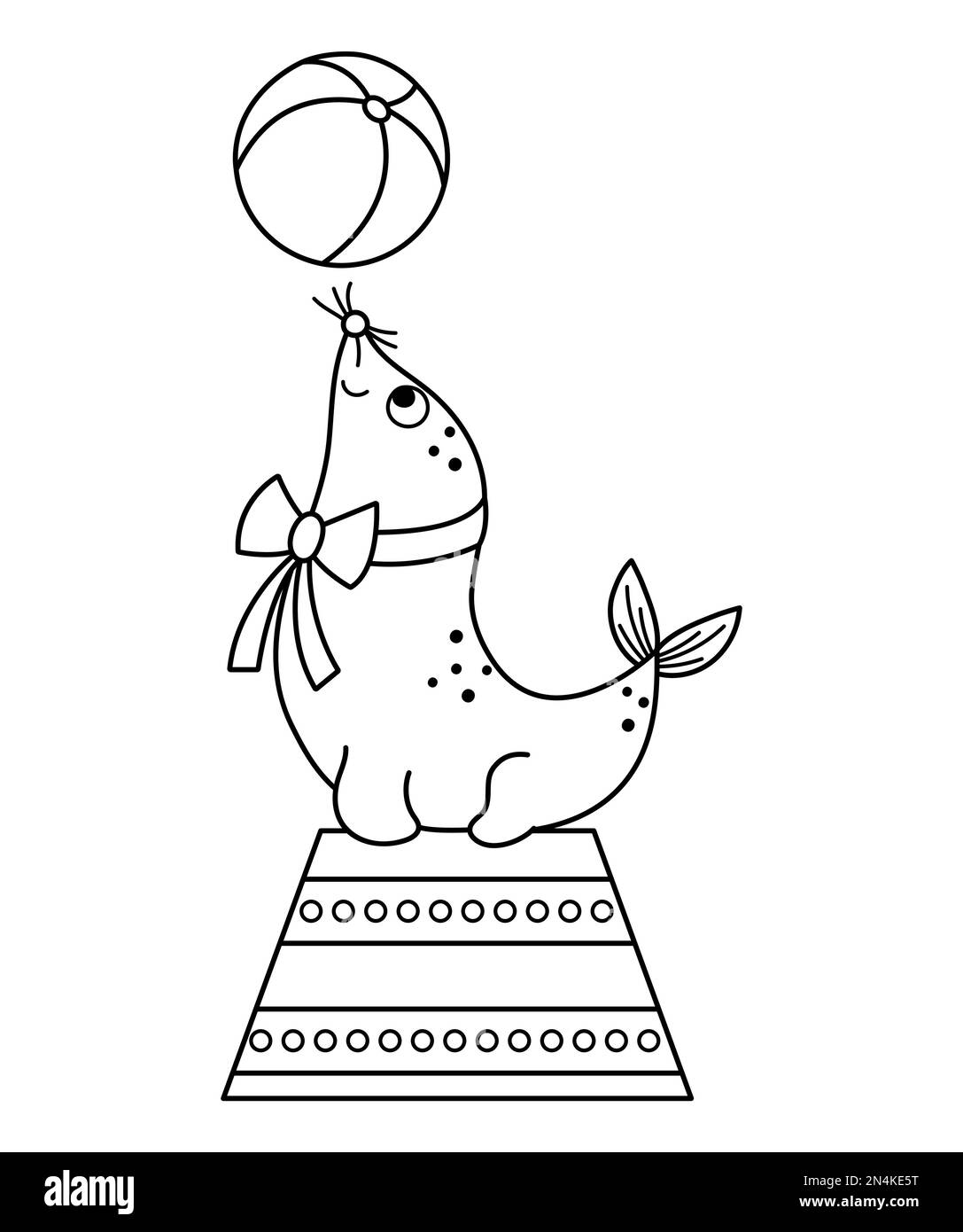 Lion de mer noir et blanc sur un stand avec une balle. Vecteur animal de cirque. Icône de la ligne de fête d'amusement. Joli collier d'étanchéité amusant Street show comedian Ill Illustration de Vecteur