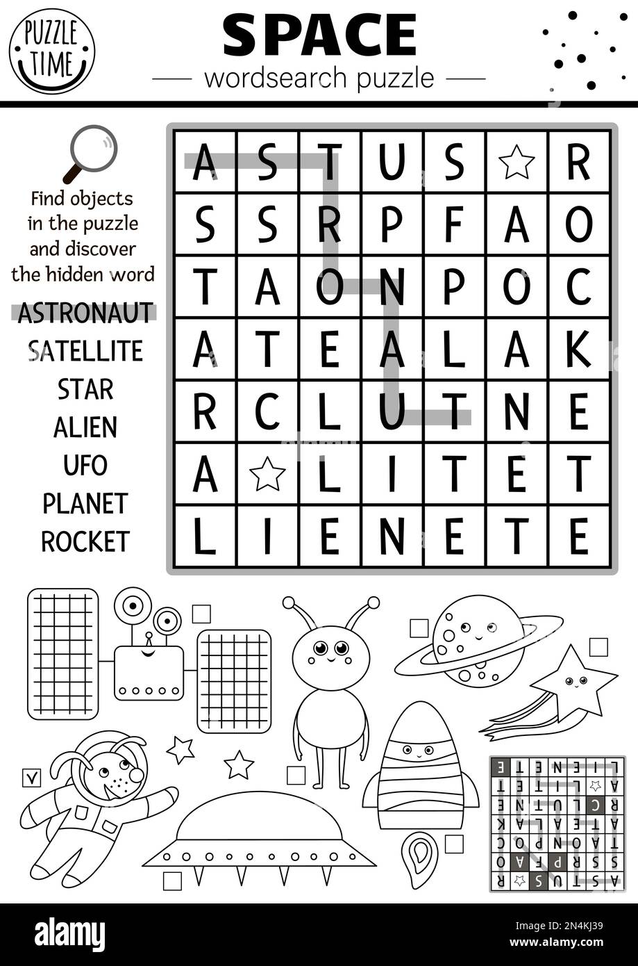 Vecteur noir et blanc espace wordsearch puzzle pour les enfants. Mots croisés d'astronomie simples. Activité avec OVNI, astronaute, star, planète, fusée, extraterrestre. Solaire Illustration de Vecteur