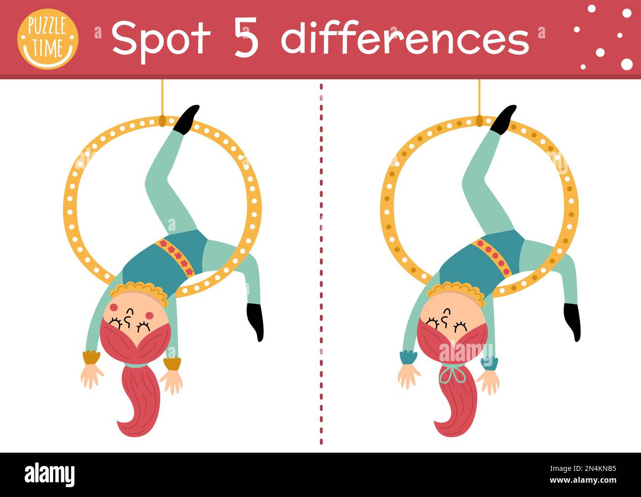 Cirque trouver des jeux de différences pour les enfants. Activité éducative avec la fillette de gymnaste sur le cerceau. Puzzle de spectacle d'amusement pour les enfants avec artiste drôle. Festival Illustration de Vecteur