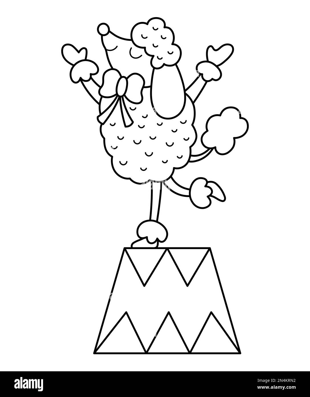 Caniche noire et blanche sur un support. Vecteur animal de cirque. Icône de la ligne de chiens de vacances d'amusement. Joli festival drôle personnage contour clip art Spectacle de rue Illustration de Vecteur