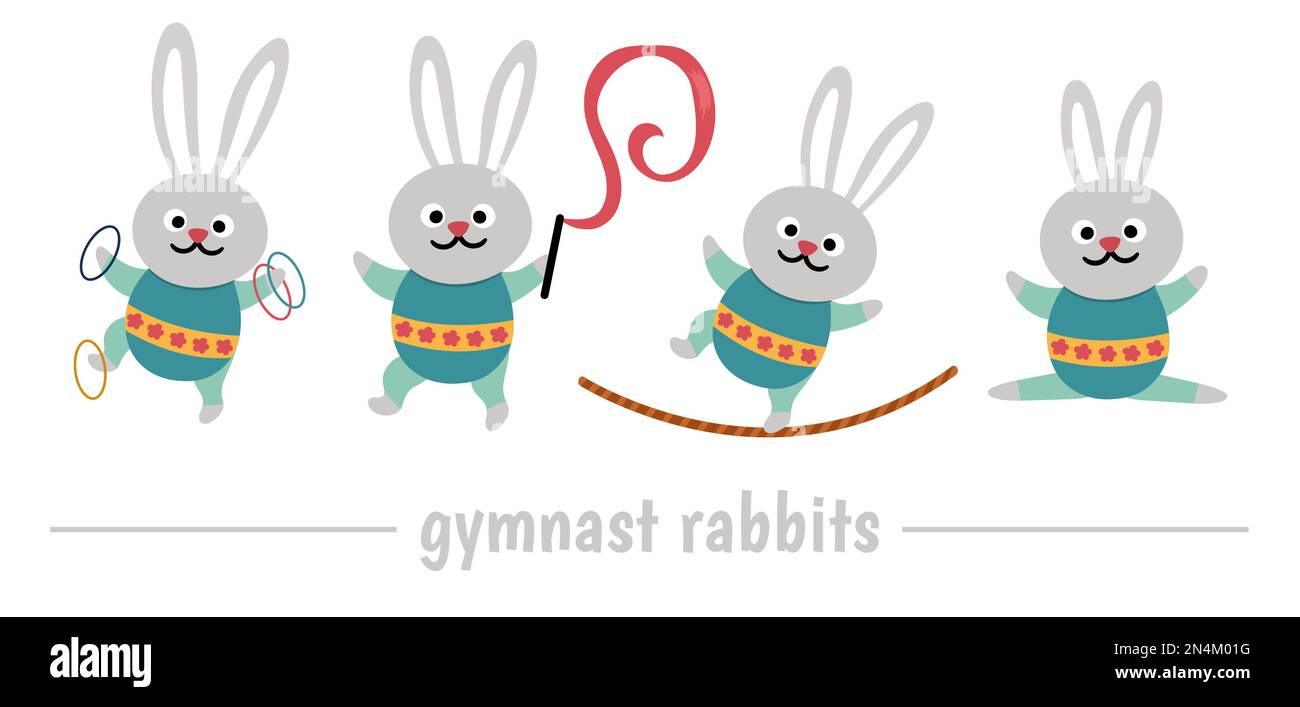 Ensemble vectoriel avec lapins gymnast avec hula houle, corde raide, ruban. Joli drôle d'animal acrobat. Cirque ou artiste sportif clipart. Icônes de vacances d'amusement Illustration de Vecteur